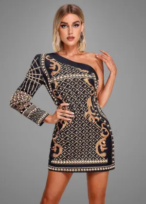 One Shoulder Chain Print Bodycon Dress