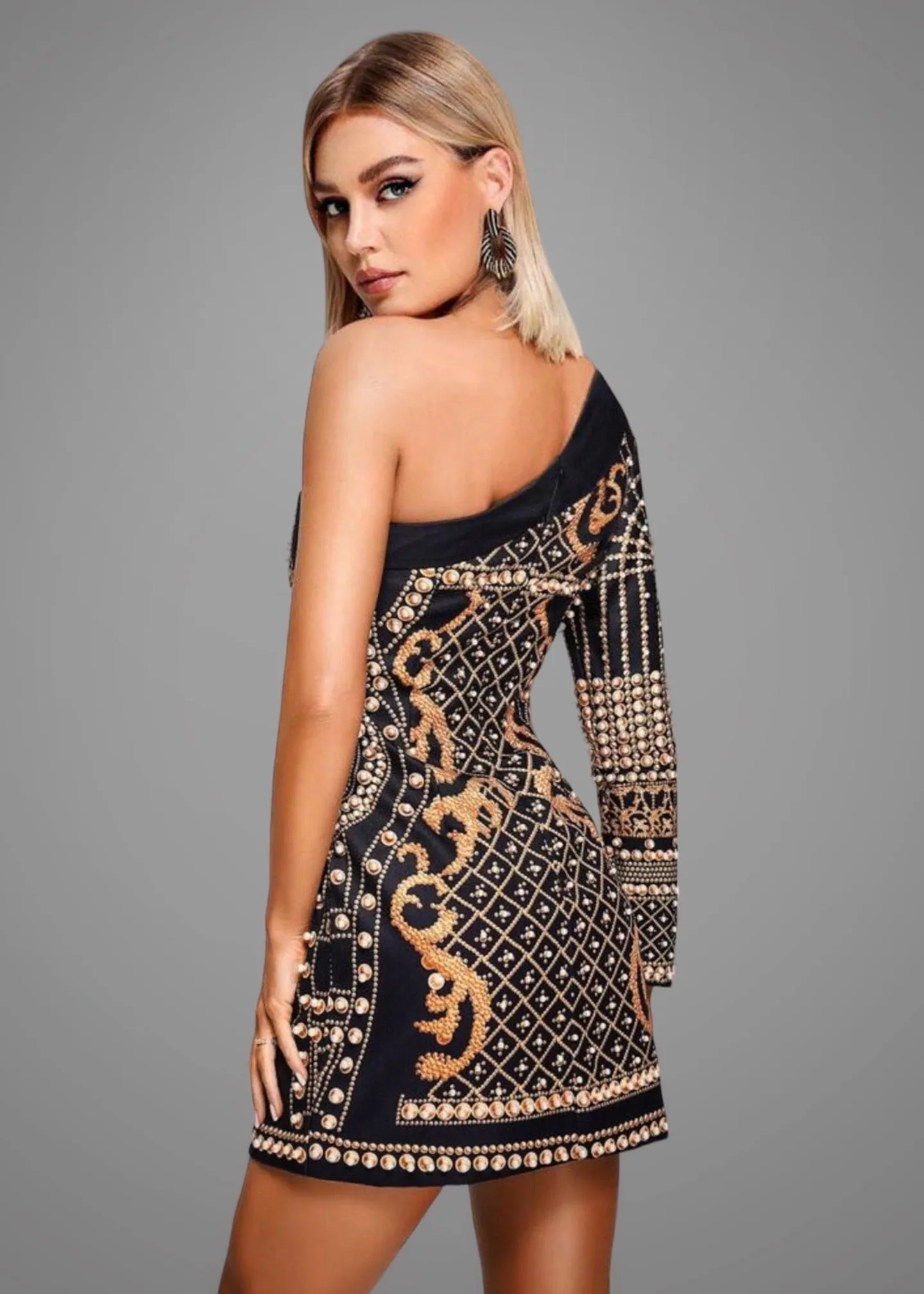 One Shoulder Chain Print Bodycon Dress