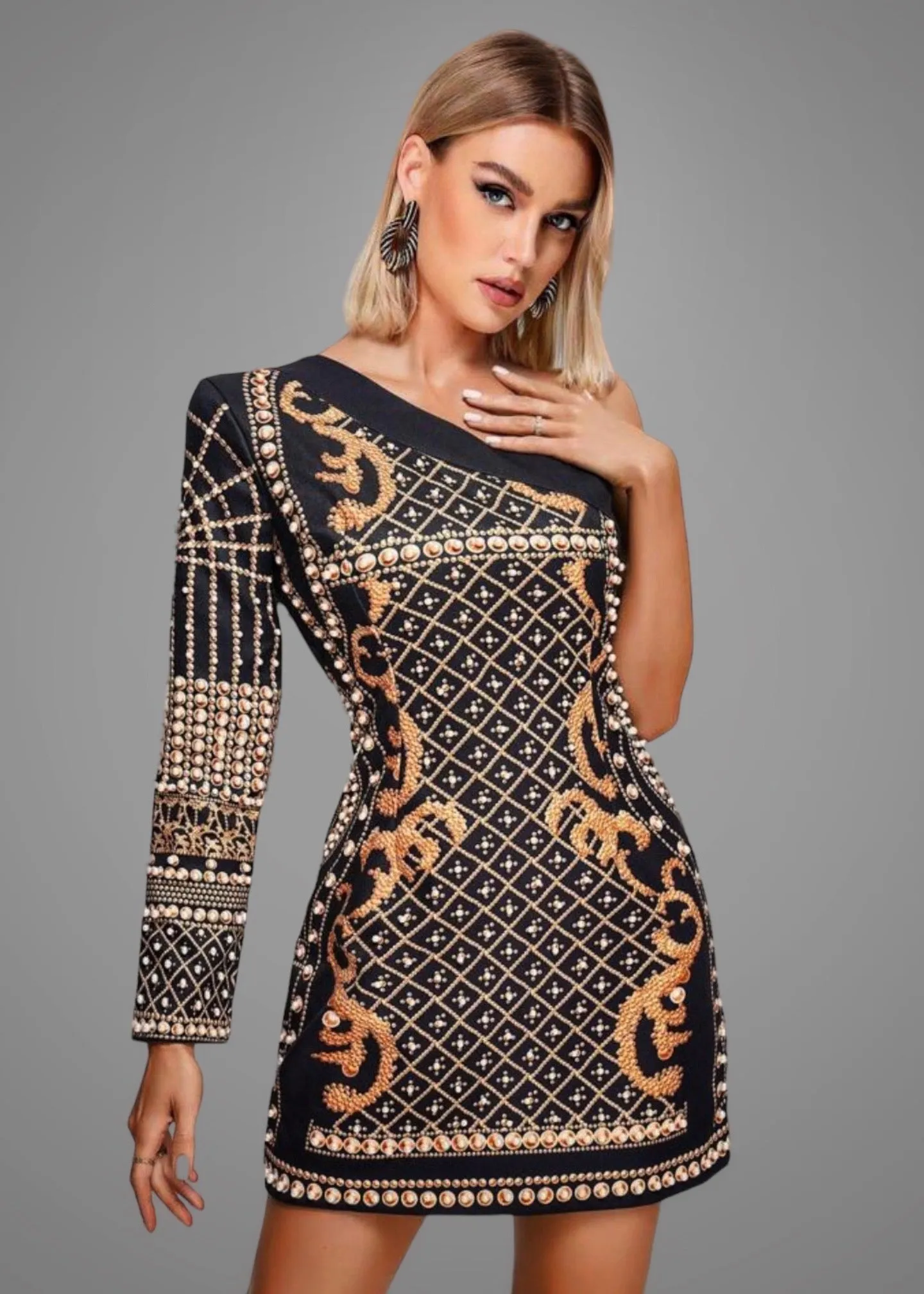 One Shoulder Chain Print Bodycon Dress