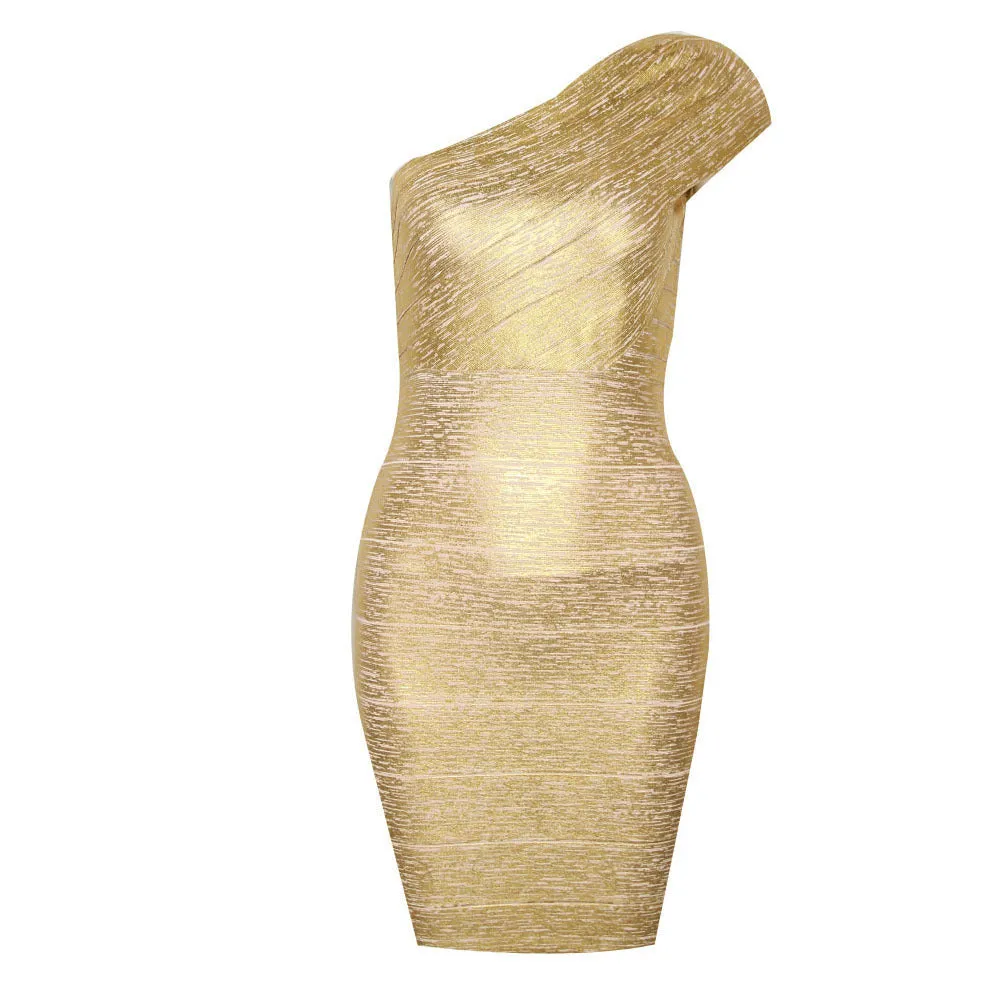 One Shoulder Metallic Bodycon Bandage Dress