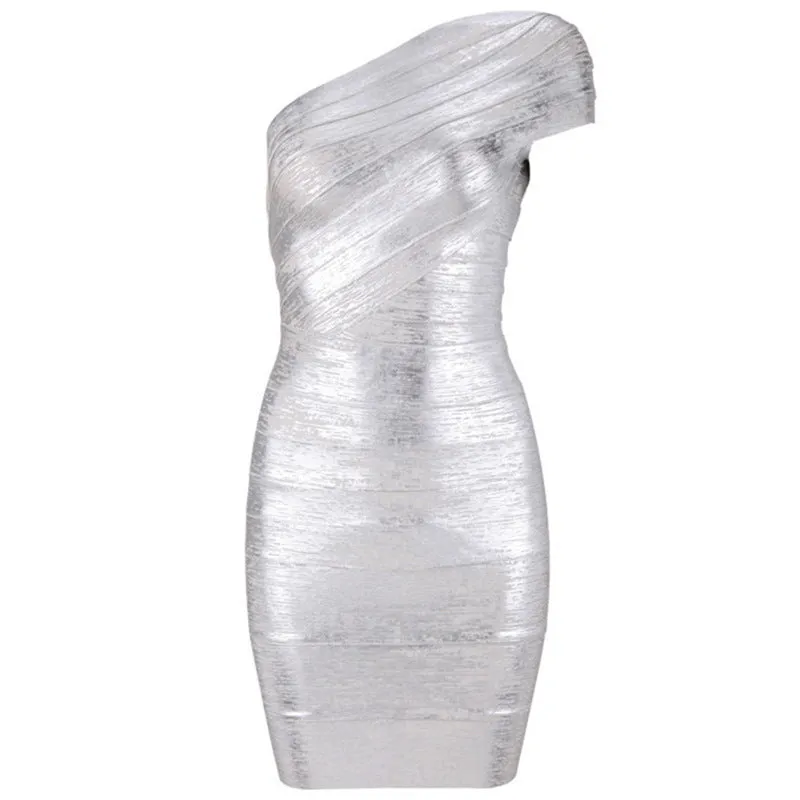 One Shoulder Metallic Bodycon Bandage Dress