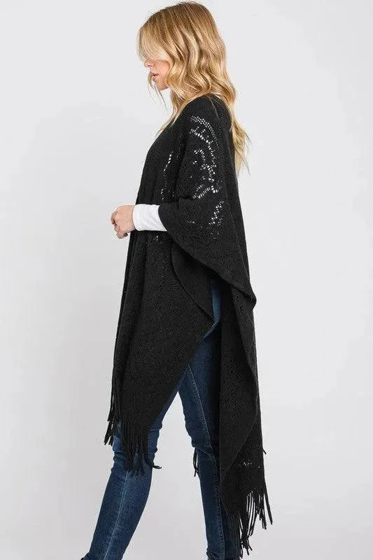 Paisley Pattern Perforated Long Knit Poncho
