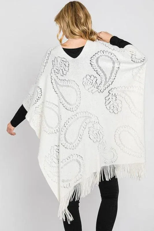 Paisley Pattern Perforated Long Knit Poncho