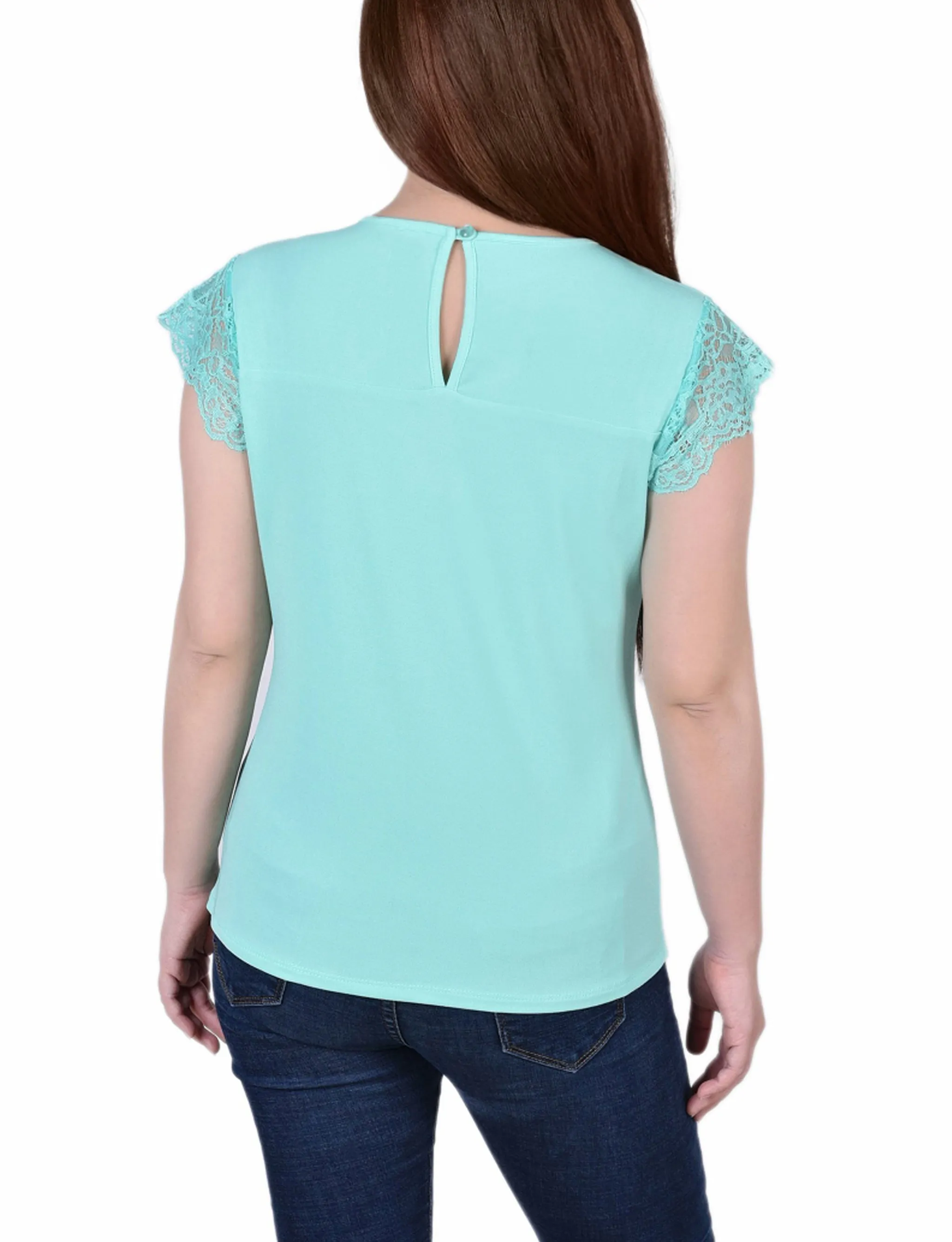 Petite Crepe Knit Top With Lace Flanged Sleeve and Yoke