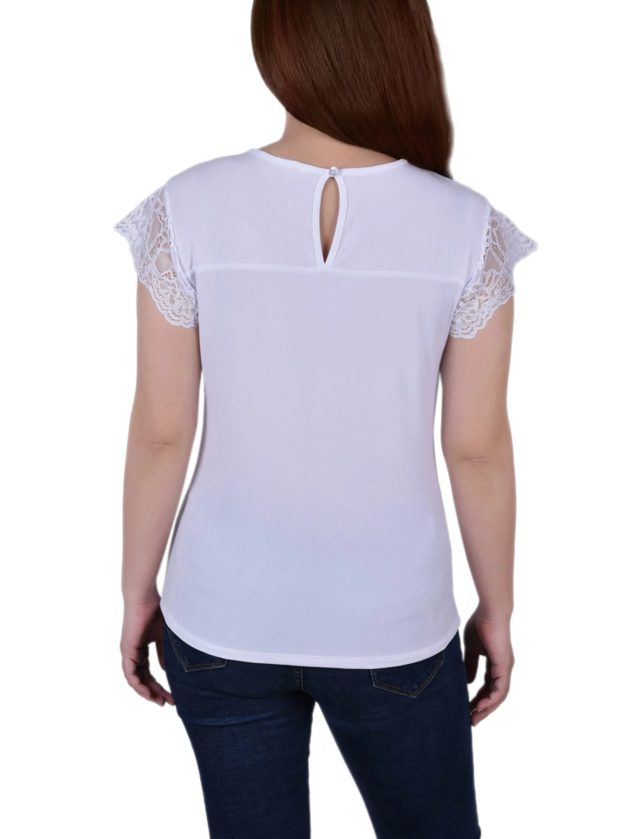 Petite Crepe Knit Top With Lace Flanged Sleeve and Yoke