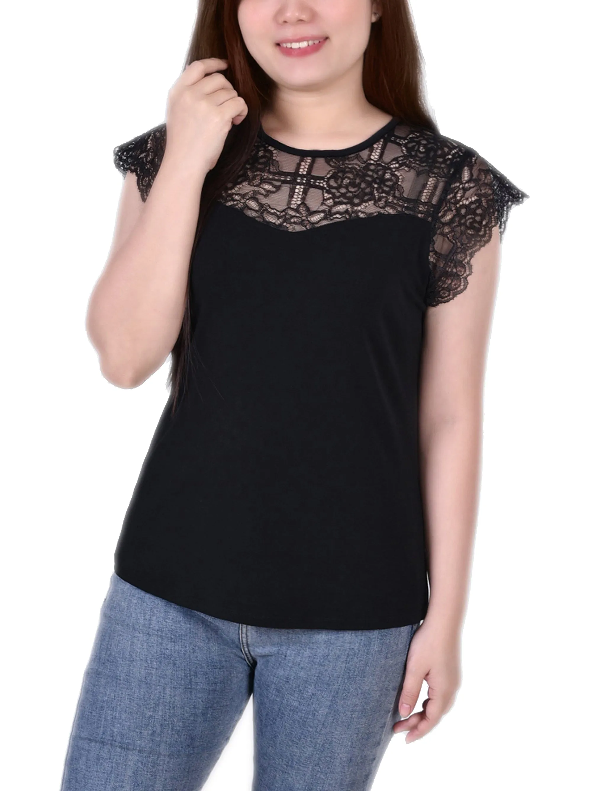 Petite Crepe Knit Top With Lace Flanged Sleeve and Yoke