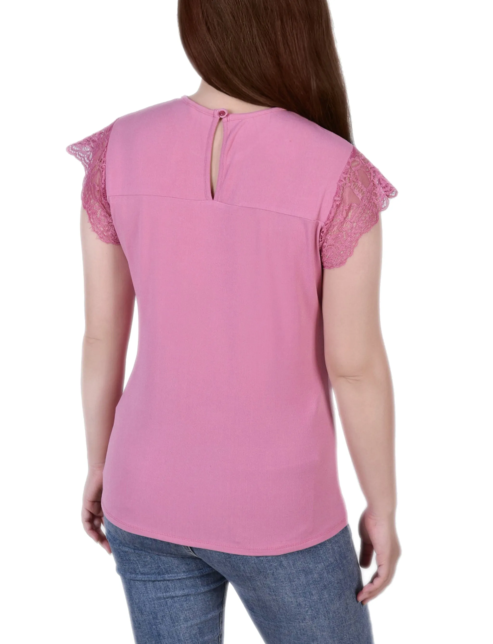 Petite Crepe Knit Top With Lace Flanged Sleeve and Yoke