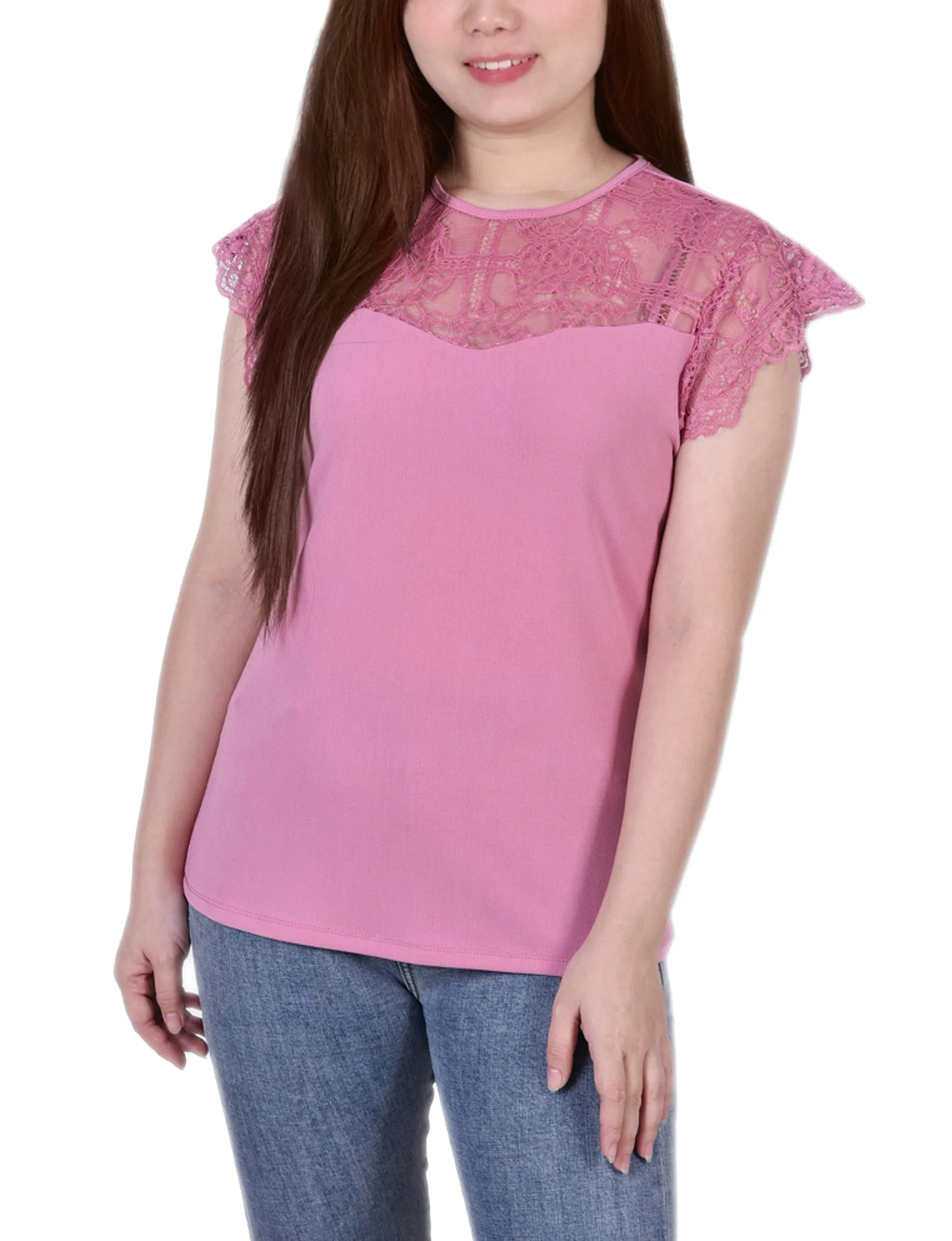 Petite Crepe Knit Top With Lace Flanged Sleeve and Yoke