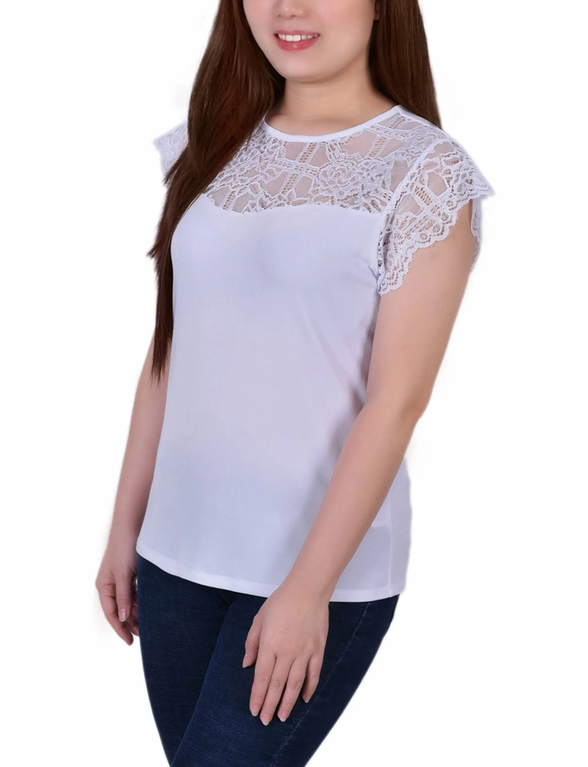 Petite Crepe Knit Top With Lace Flanged Sleeve and Yoke