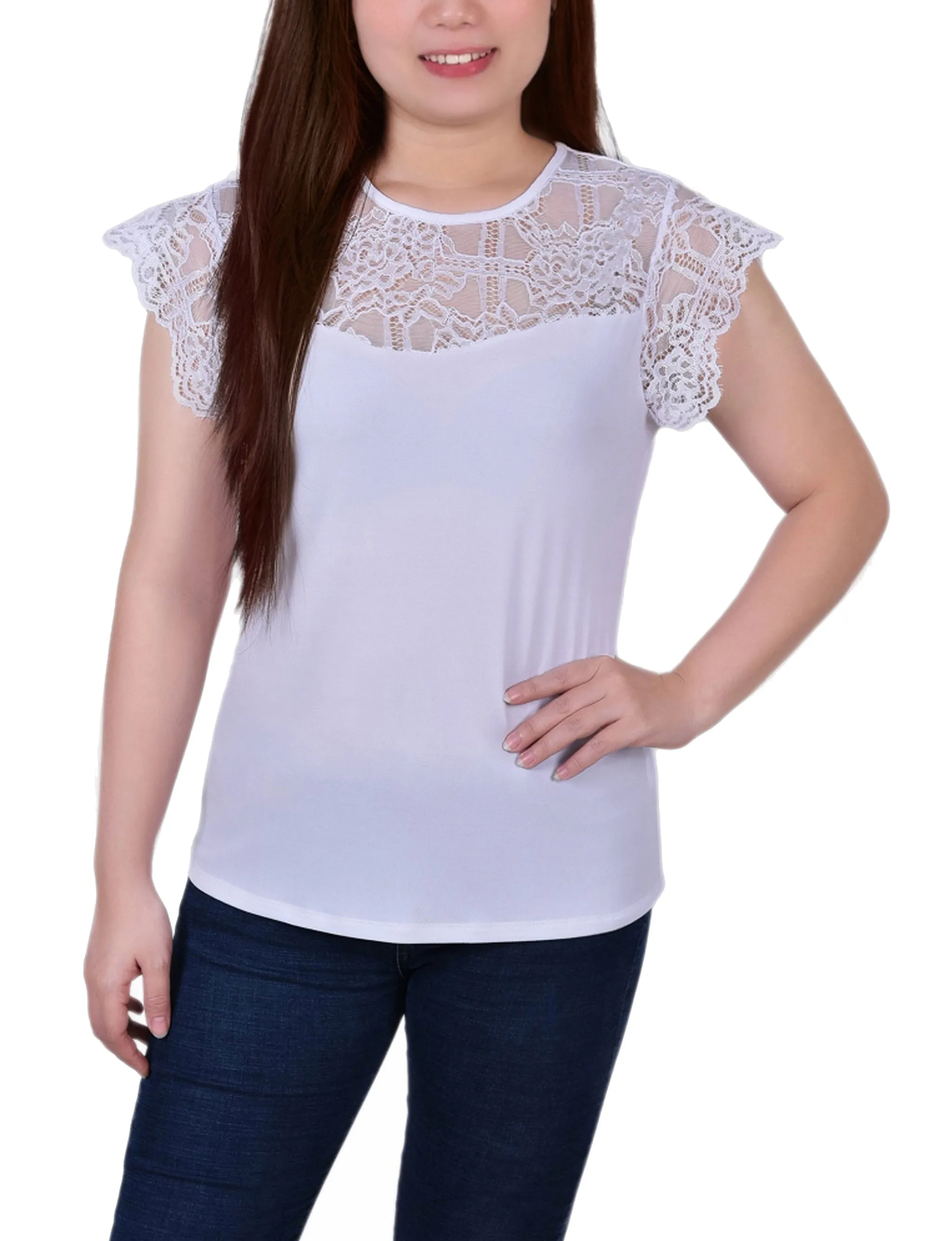 Petite Crepe Knit Top With Lace Flanged Sleeve and Yoke