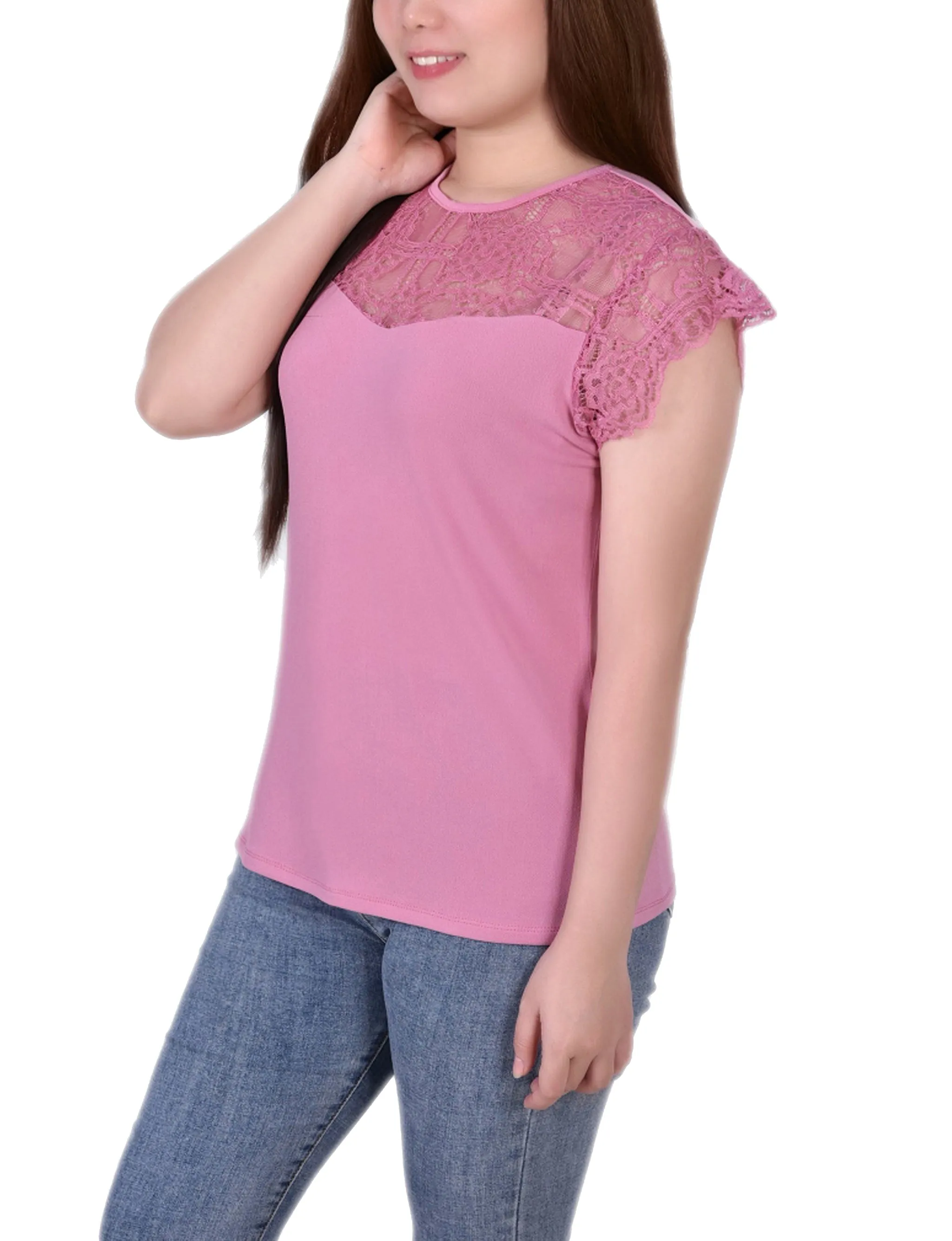 Petite Crepe Knit Top With Lace Flanged Sleeve and Yoke