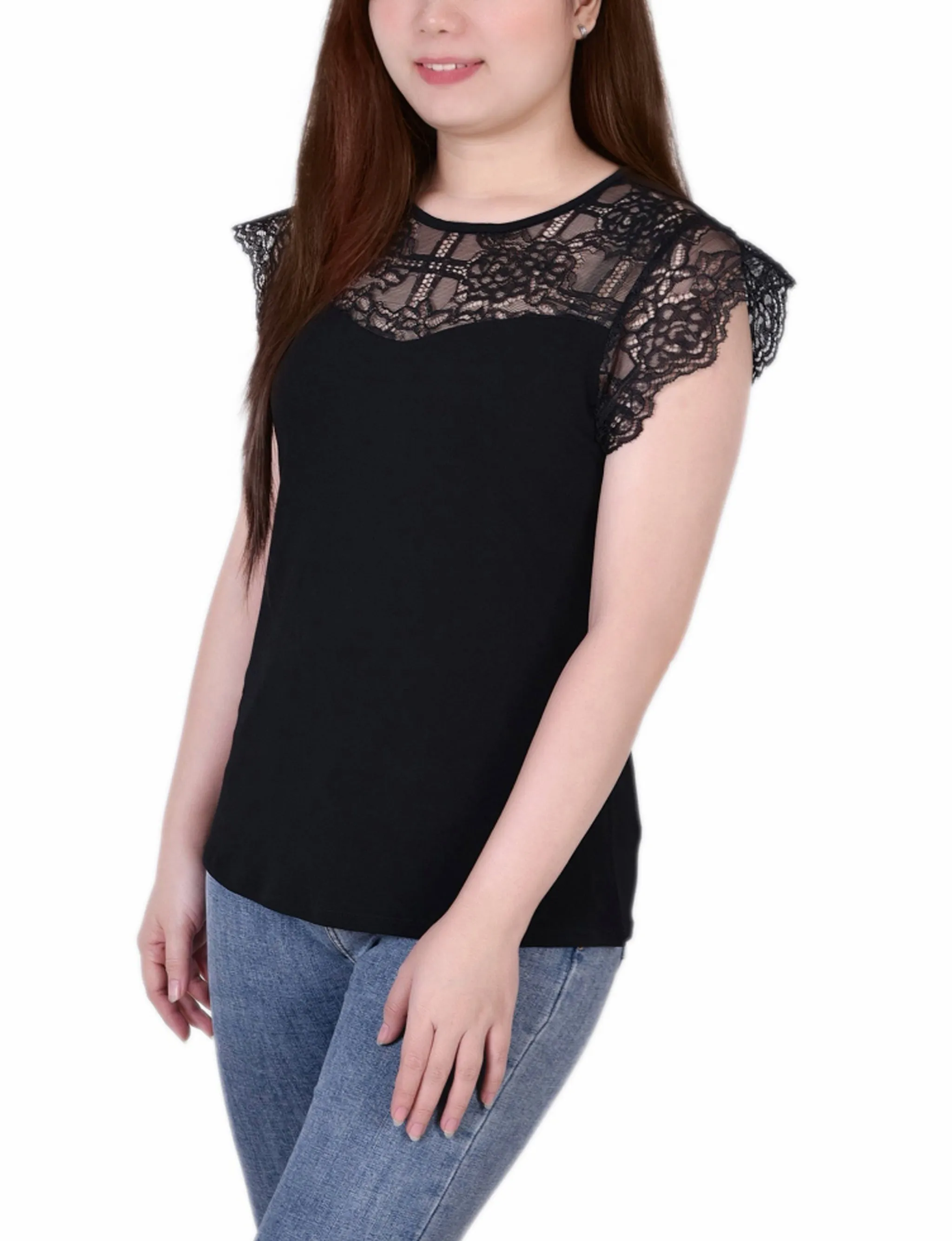Petite Crepe Knit Top With Lace Flanged Sleeve and Yoke