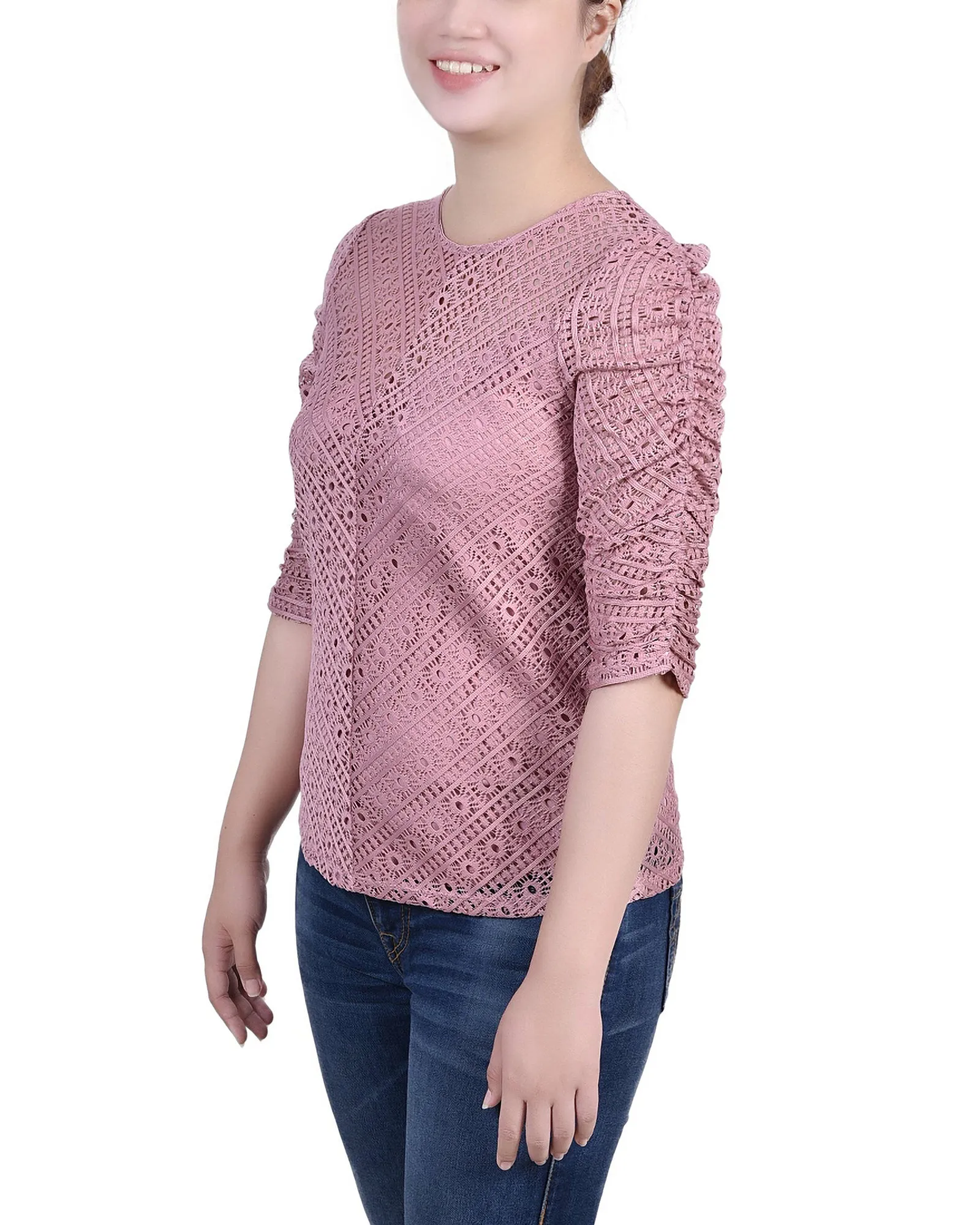 Petite Rouched Sleeve Lace Top