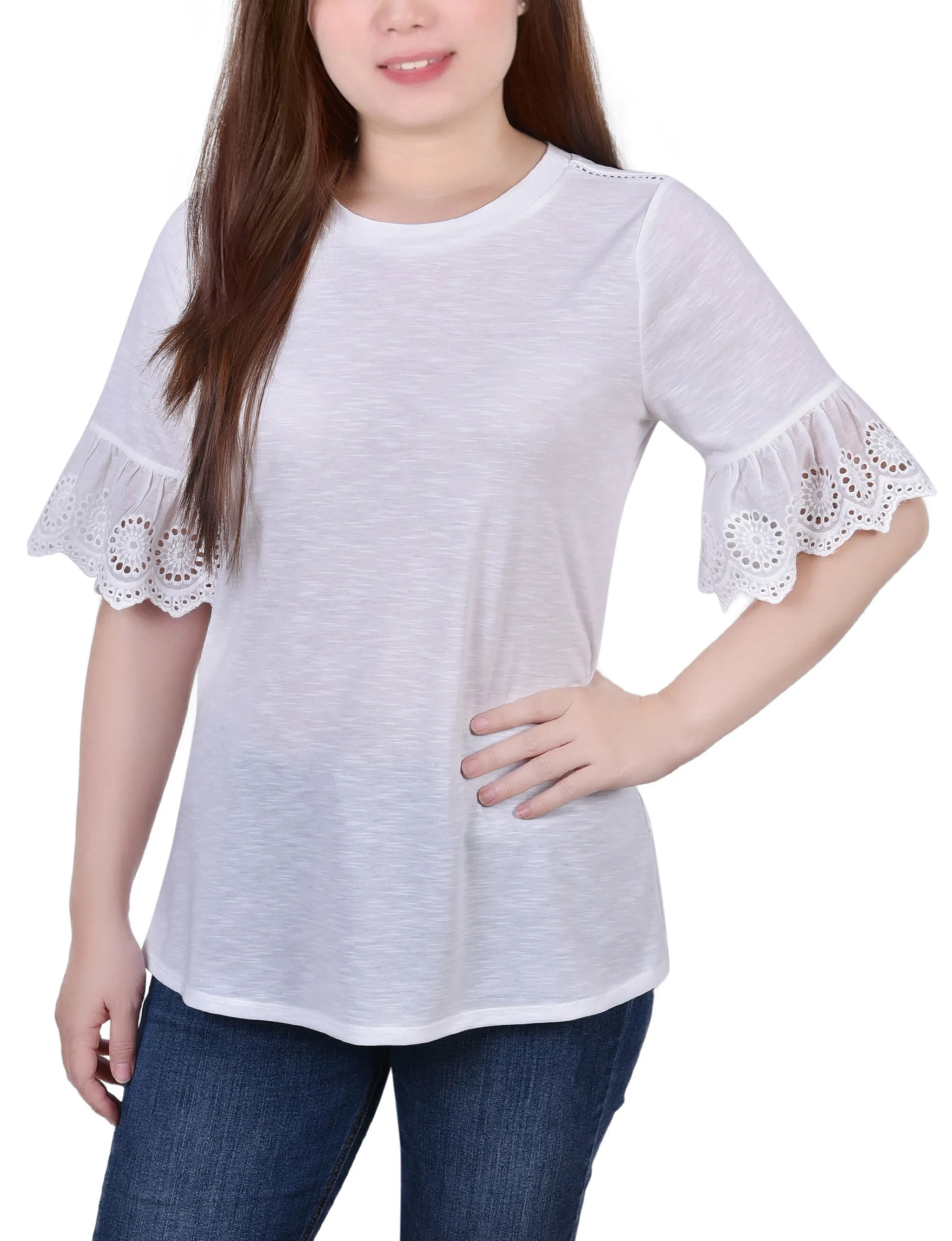 Petite Short Bell Sleeve Slubbed Top