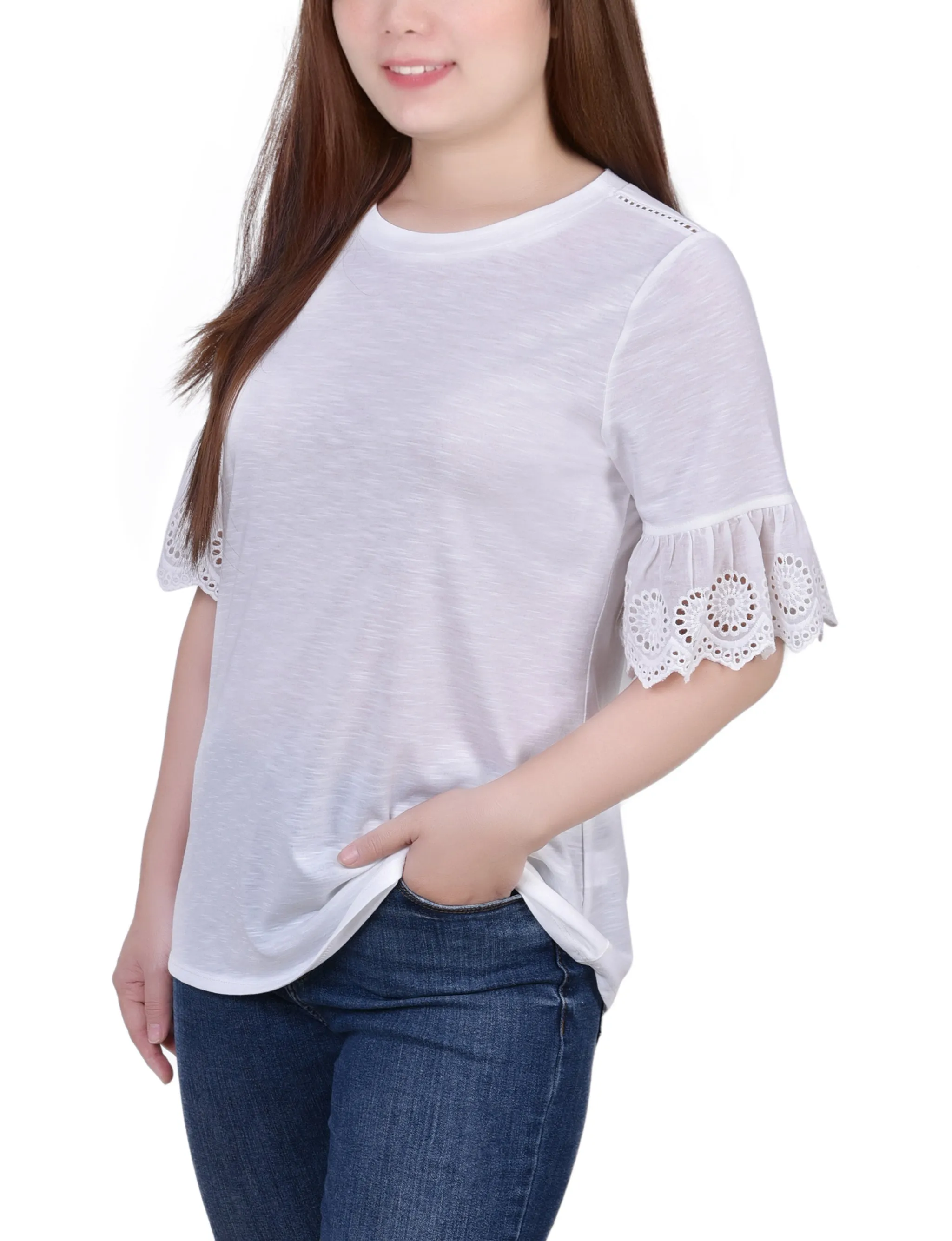 Petite Short Bell Sleeve Slubbed Top