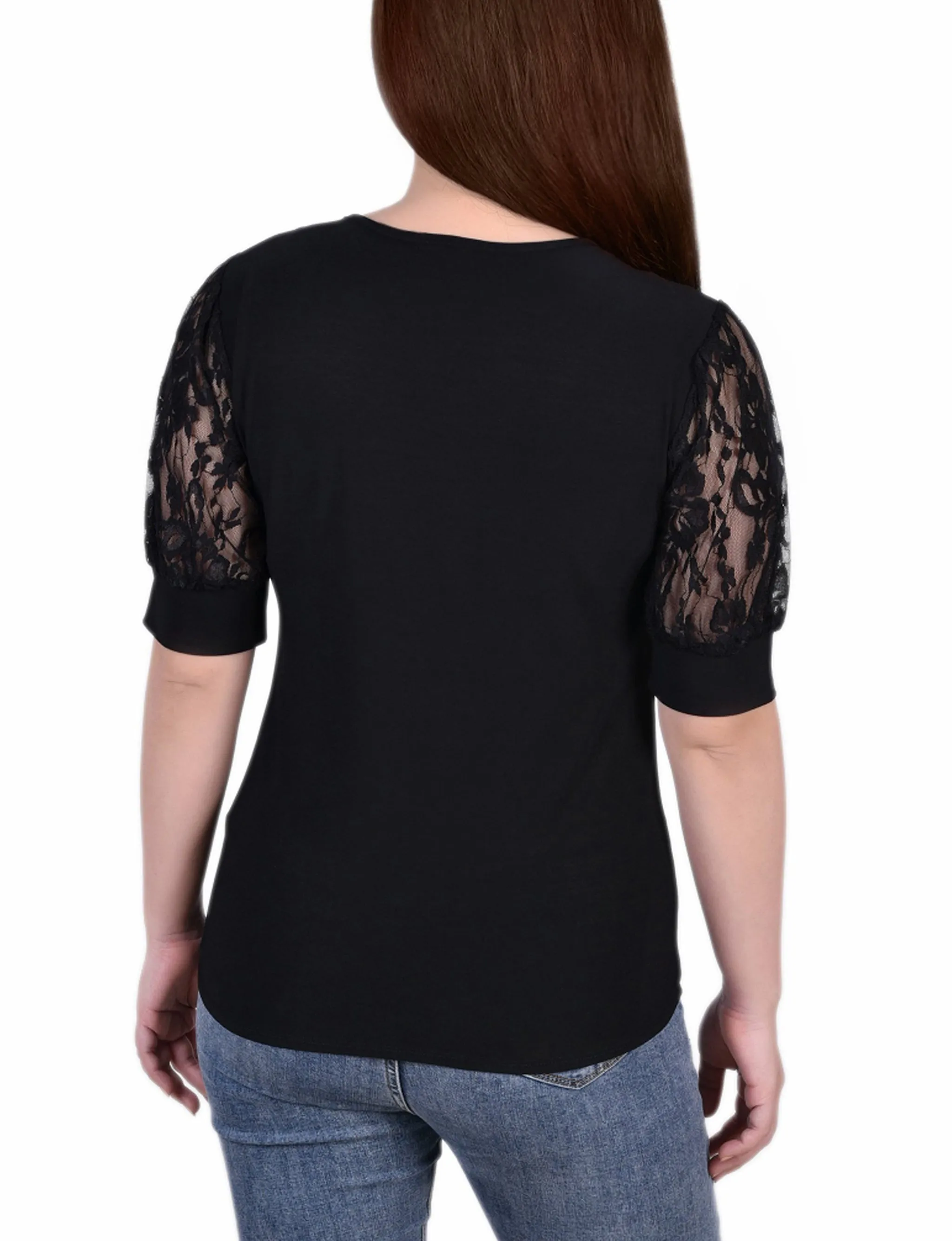 Petite Short Puff Sleeve Top With Lace Sleeves And Yoke