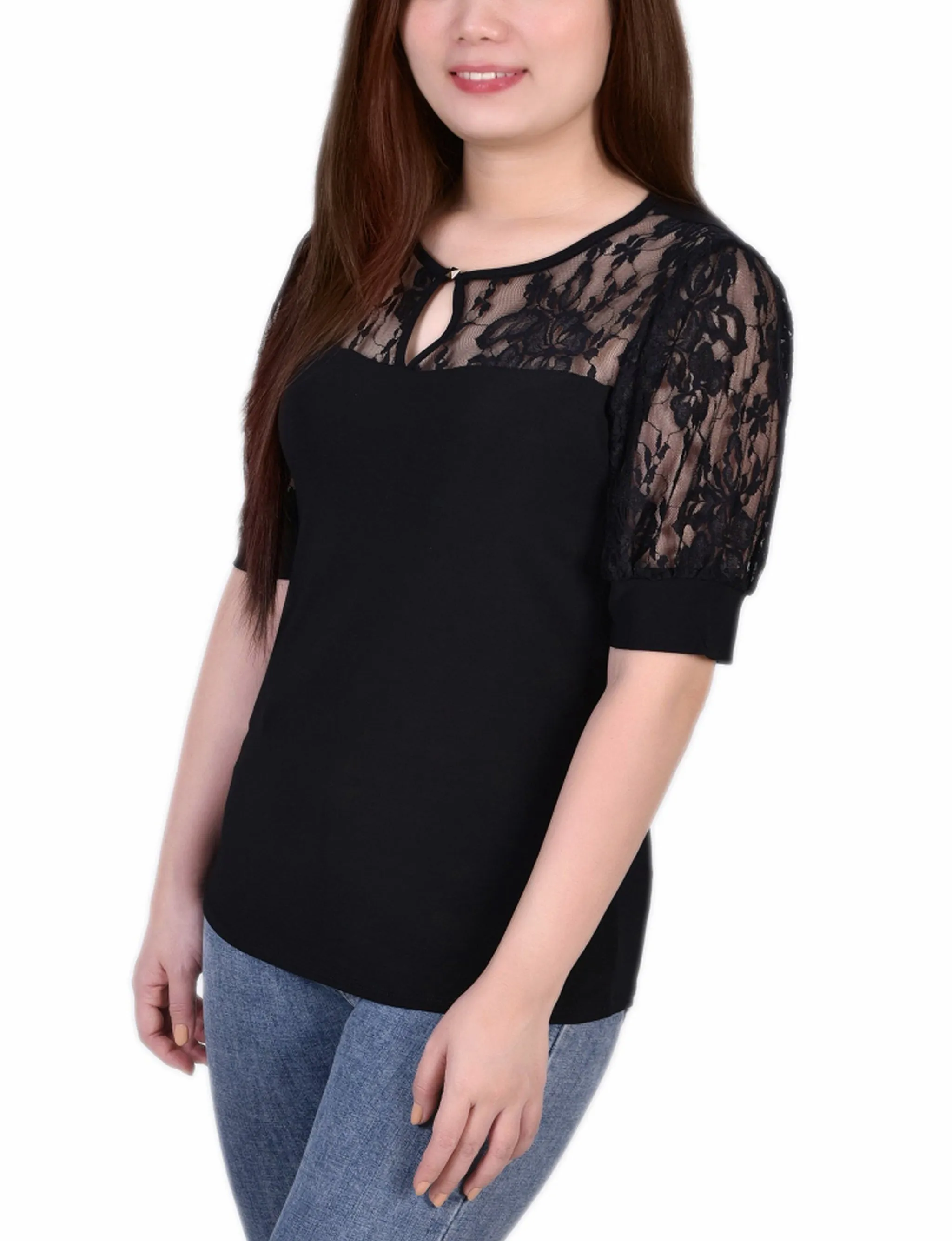 Petite Short Puff Sleeve Top With Lace Sleeves And Yoke