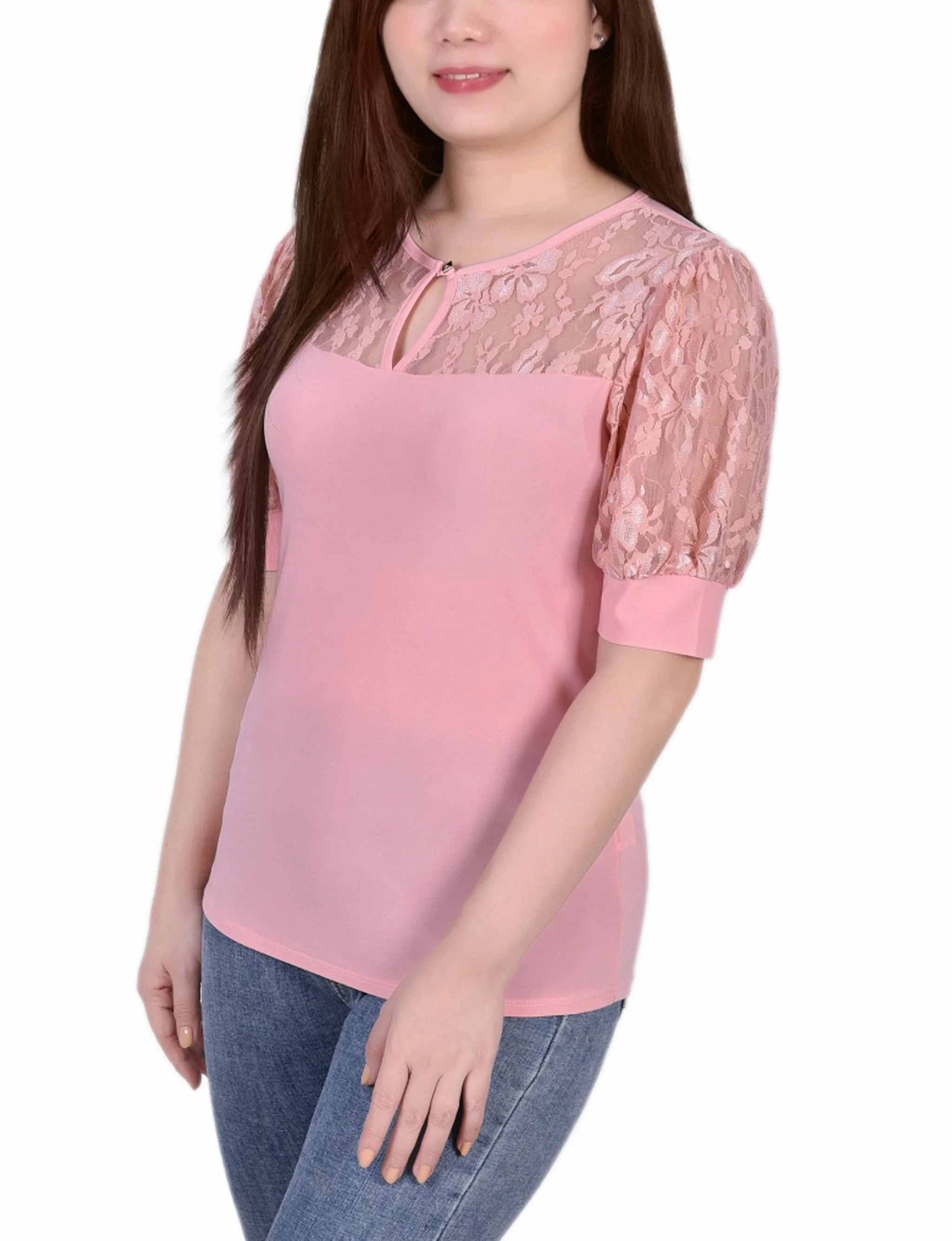 Petite Short Puff Sleeve Top With Lace Sleeves And Yoke