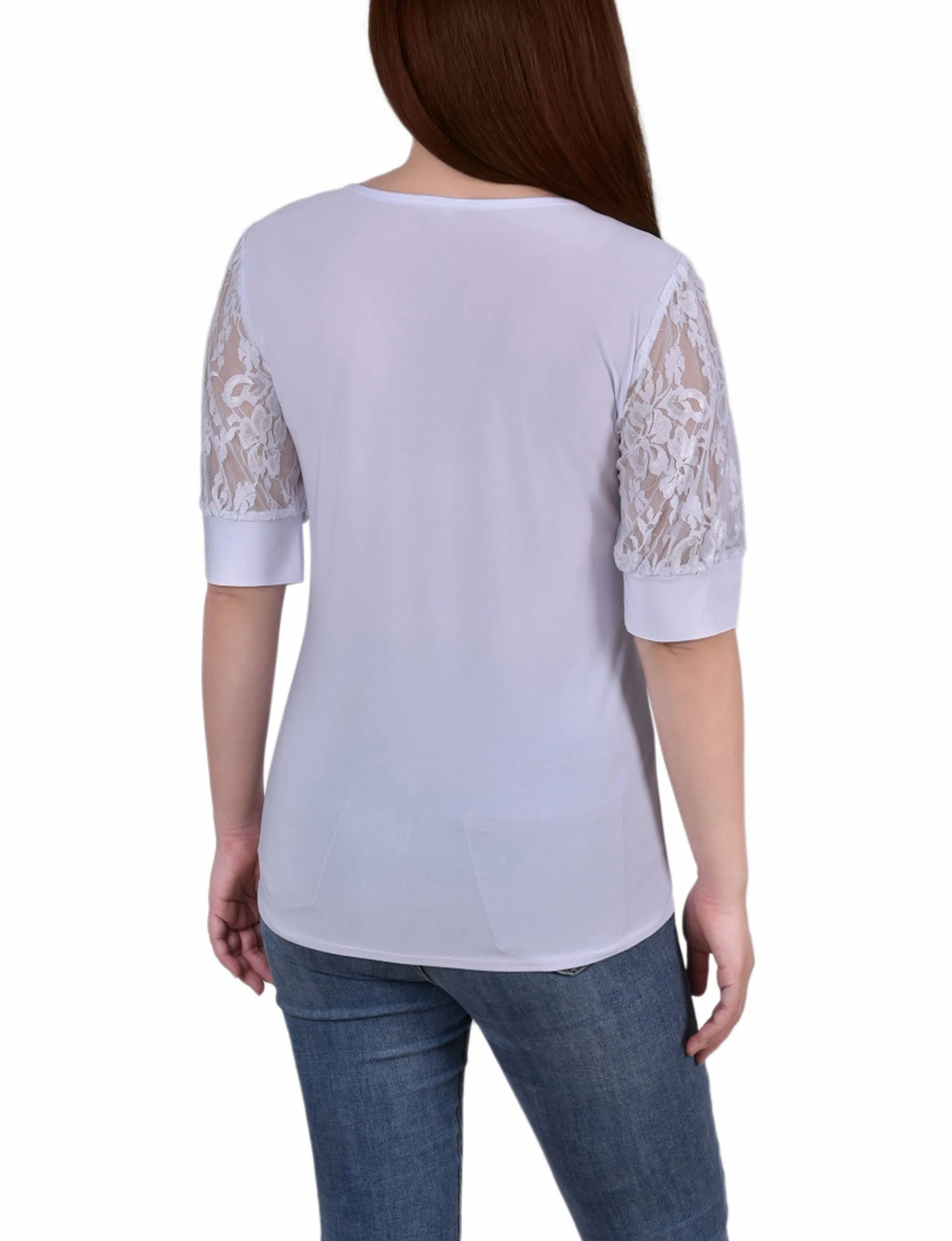 Petite Short Puff Sleeve Top With Lace Sleeves And Yoke