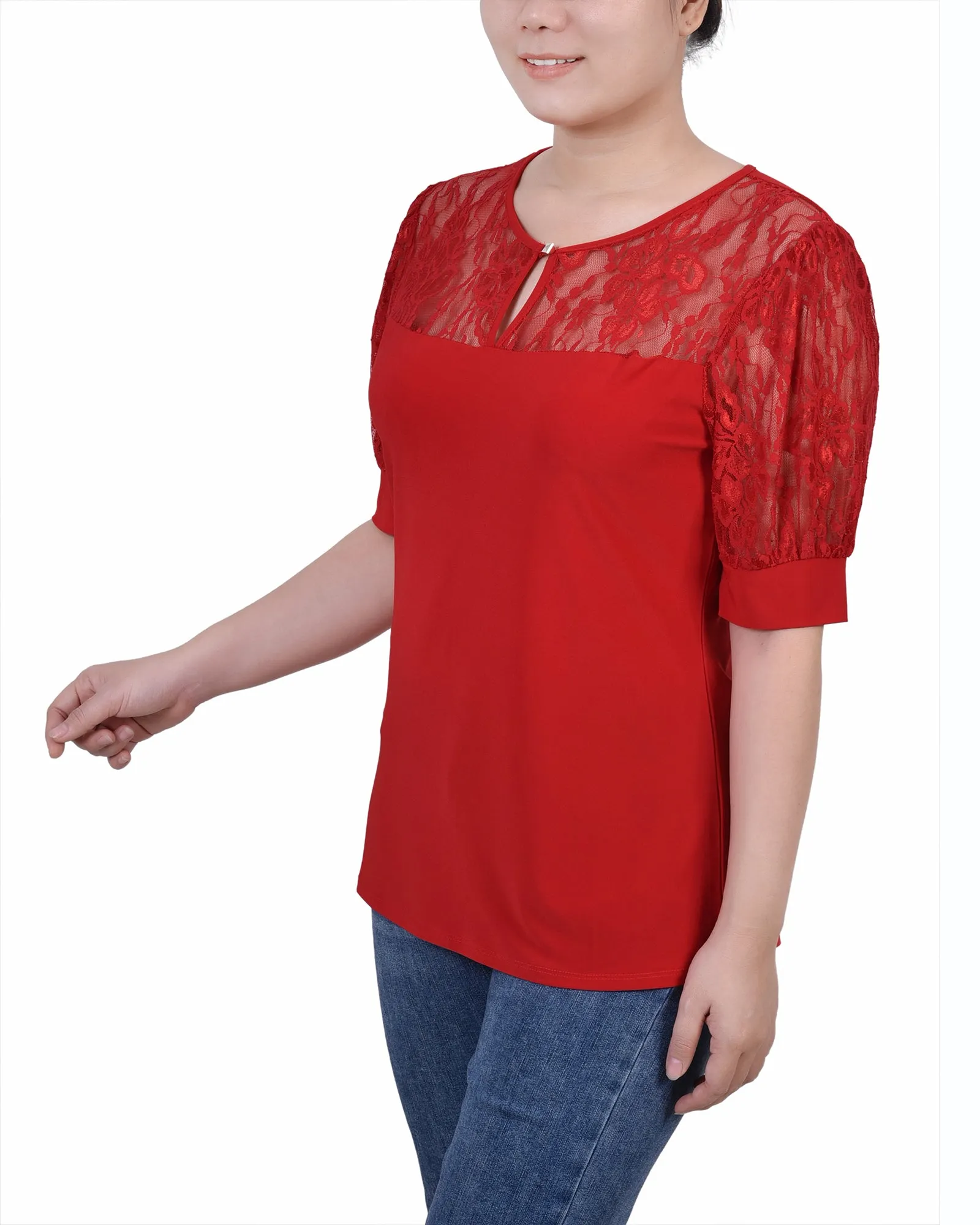 Petite Short Puff Sleeve Top With Lace Sleeves And Yoke