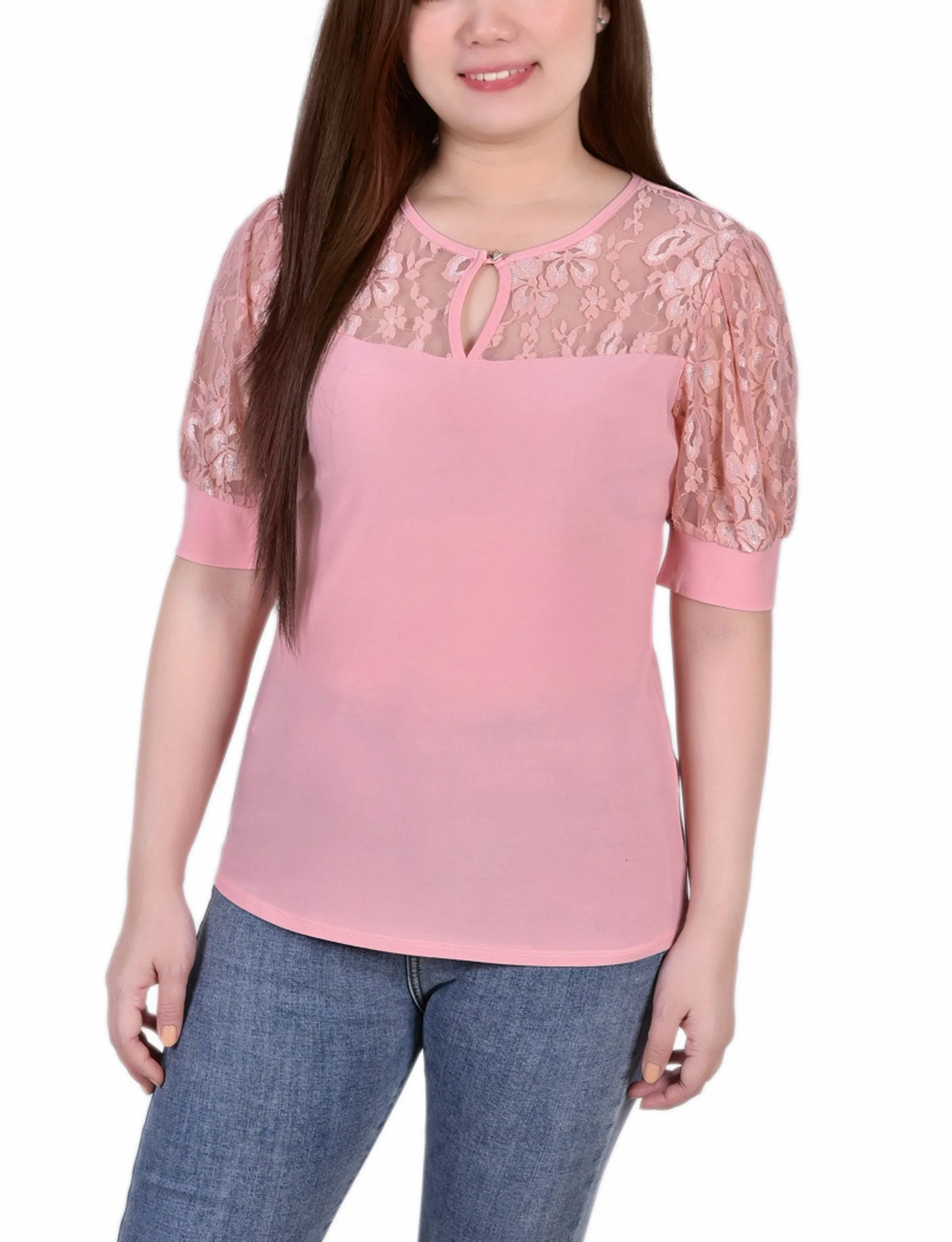 Petite Short Puff Sleeve Top With Lace Sleeves And Yoke