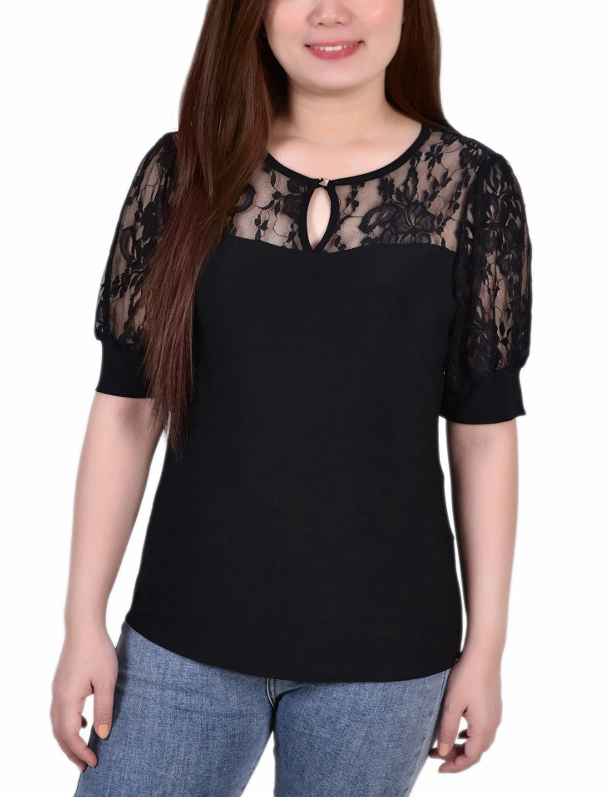 Petite Short Puff Sleeve Top With Lace Sleeves And Yoke