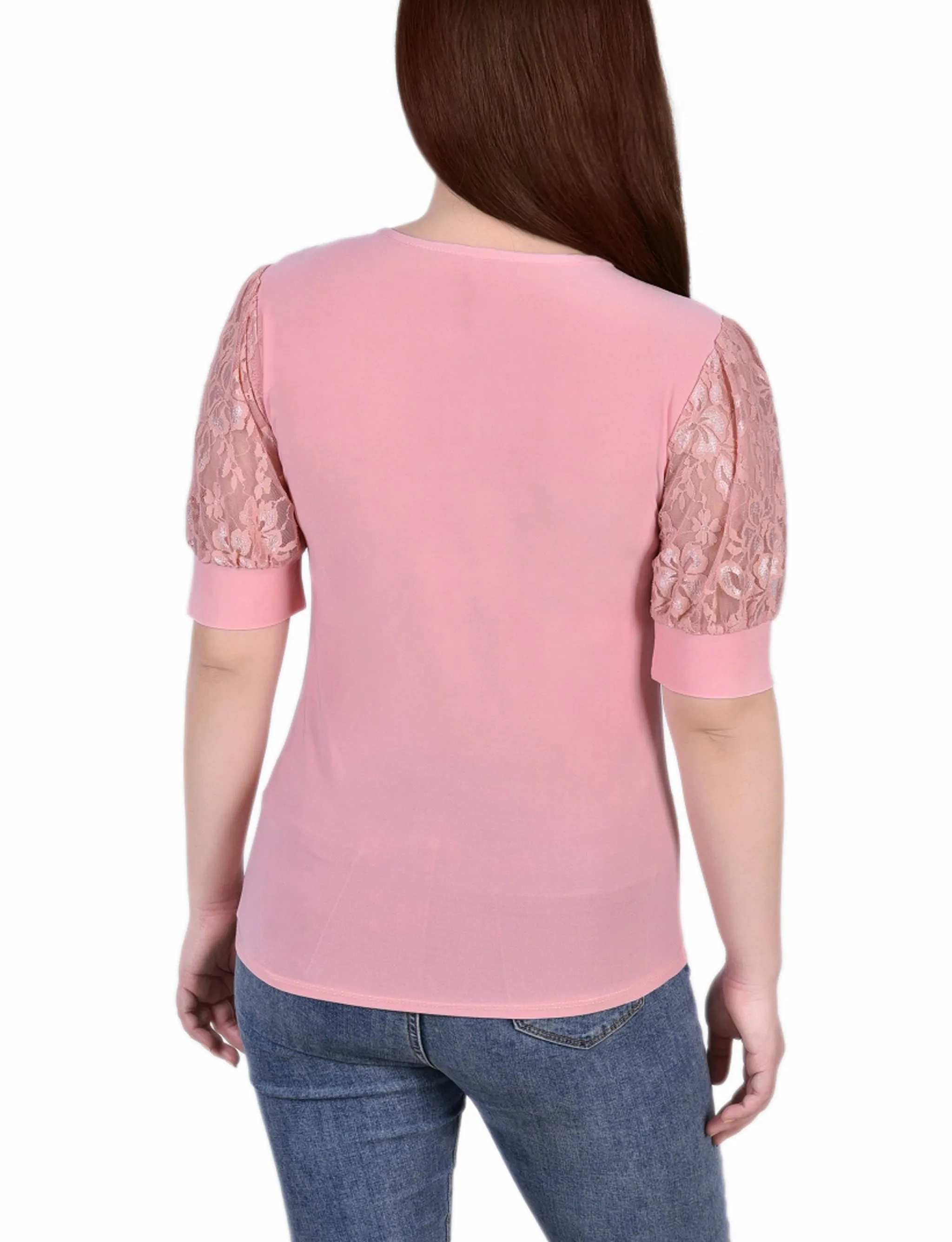 Petite Short Puff Sleeve Top With Lace Sleeves And Yoke