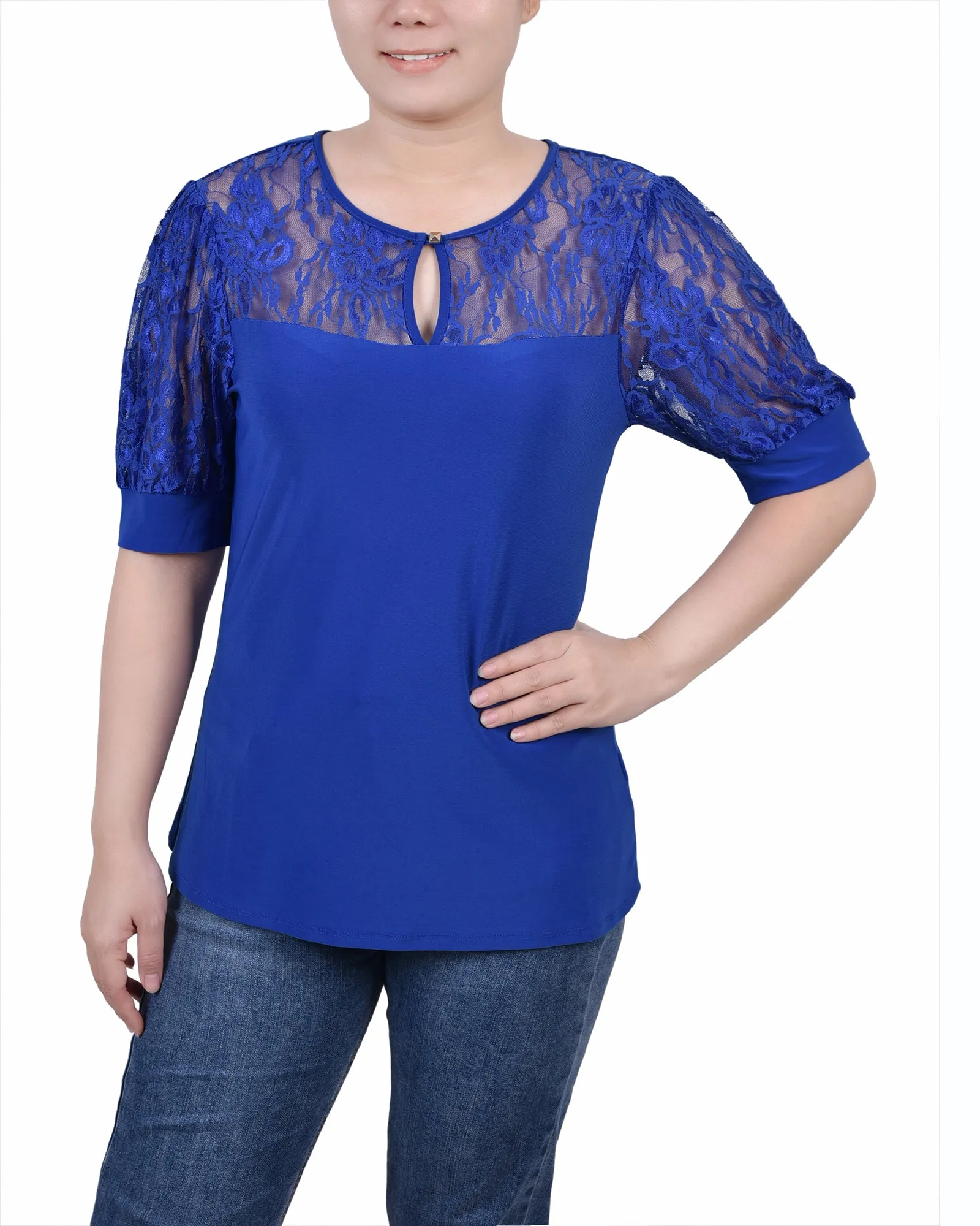 Petite Short Puff Sleeve Top With Lace Sleeves And Yoke