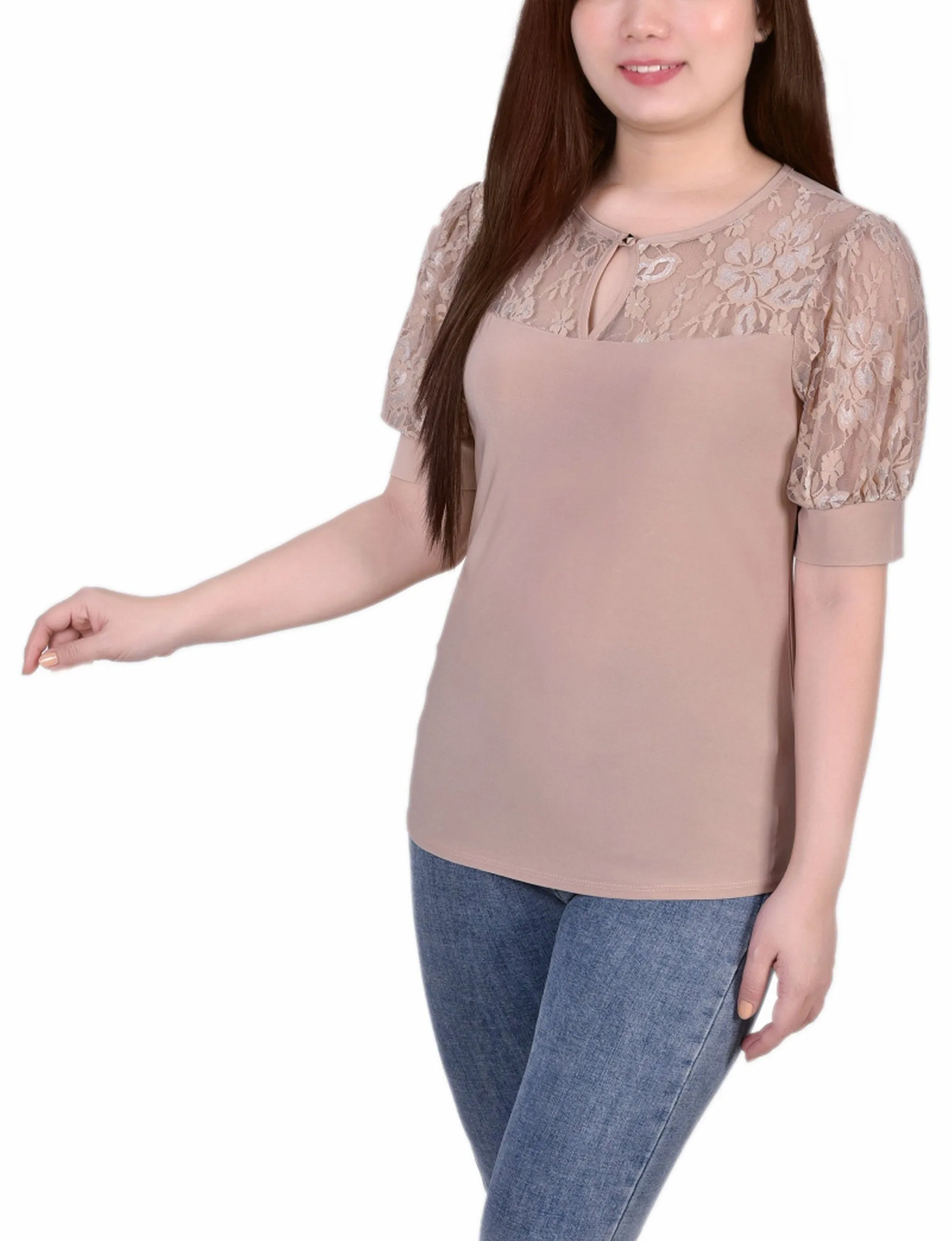 Petite Short Puff Sleeve Top With Lace Sleeves And Yoke