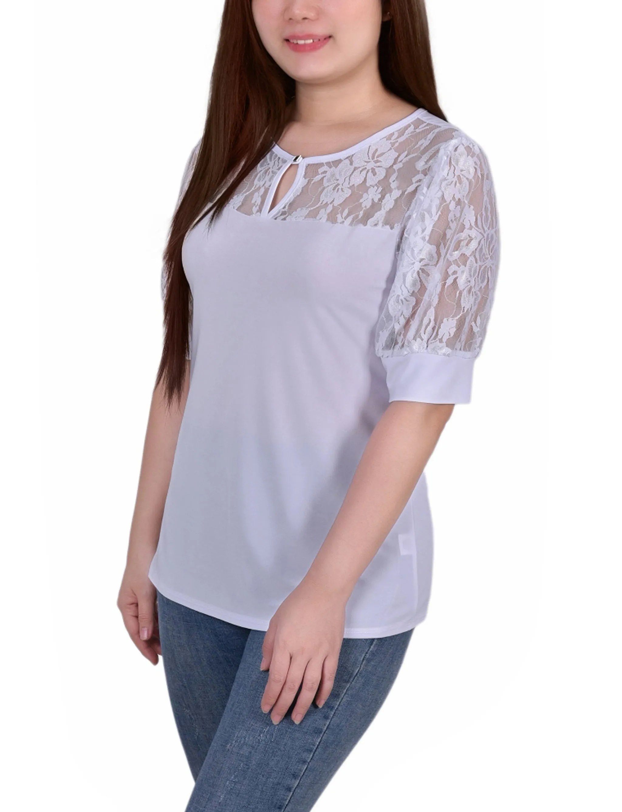 Petite Short Puff Sleeve Top With Lace Sleeves And Yoke