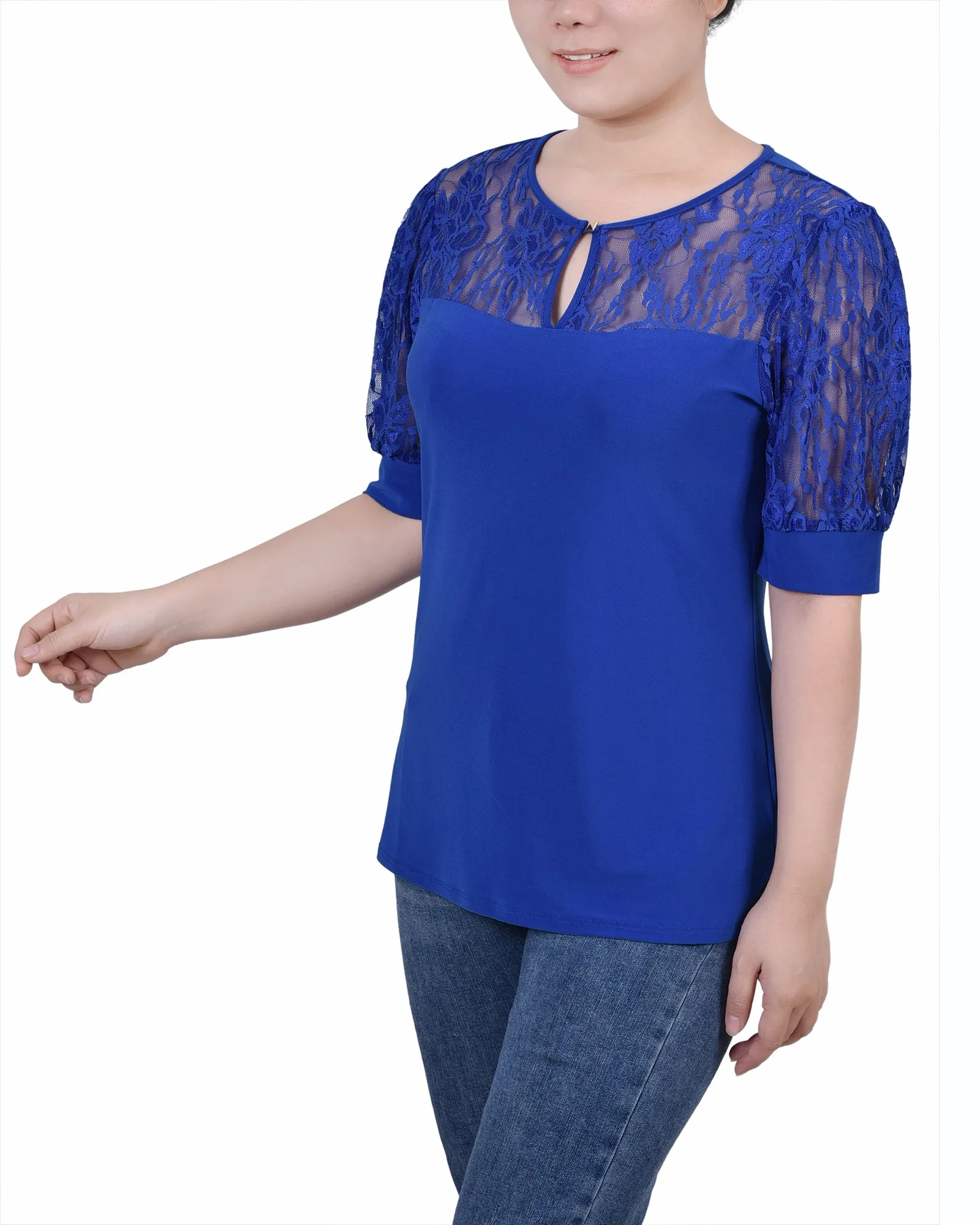 Petite Short Puff Sleeve Top With Lace Sleeves And Yoke