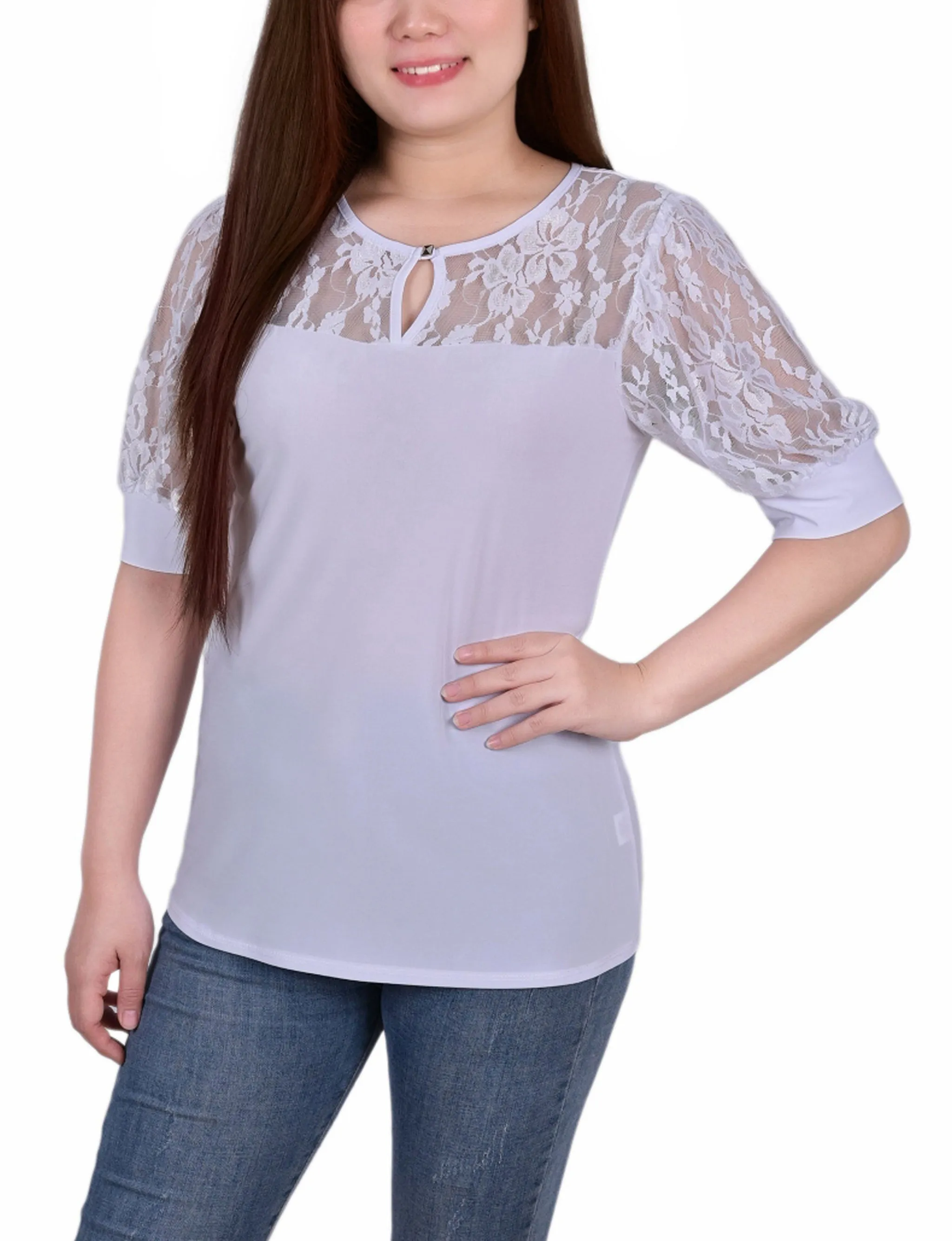 Petite Short Puff Sleeve Top With Lace Sleeves And Yoke