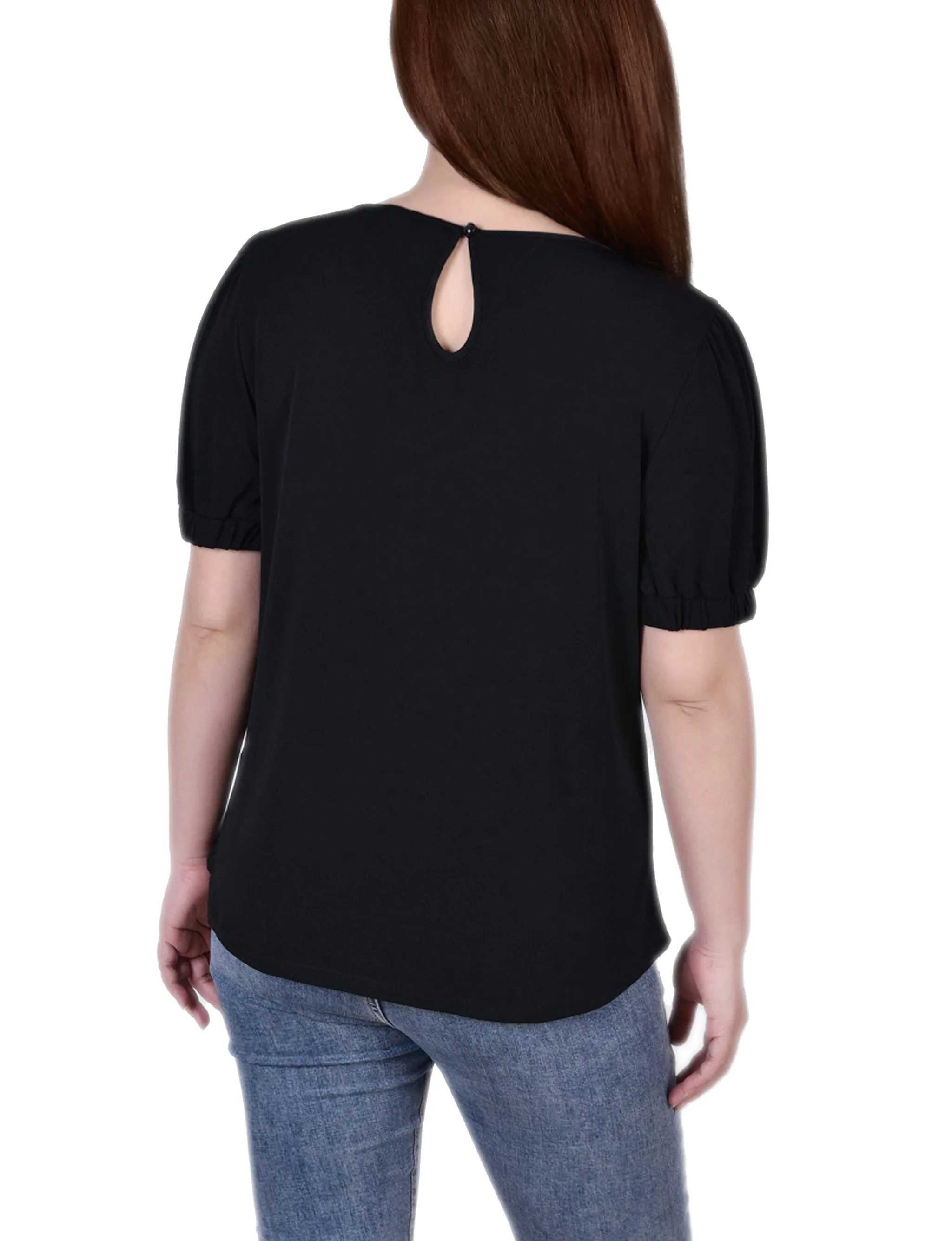 Petite Short Puff Sleeve Top With Lace