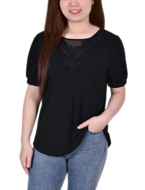 Petite Short Puff Sleeve Top With Lace