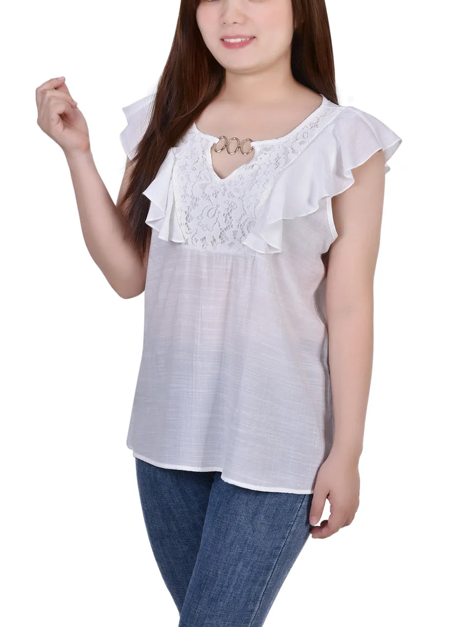 Petite Sleeveless Flutter Yoke Blouse