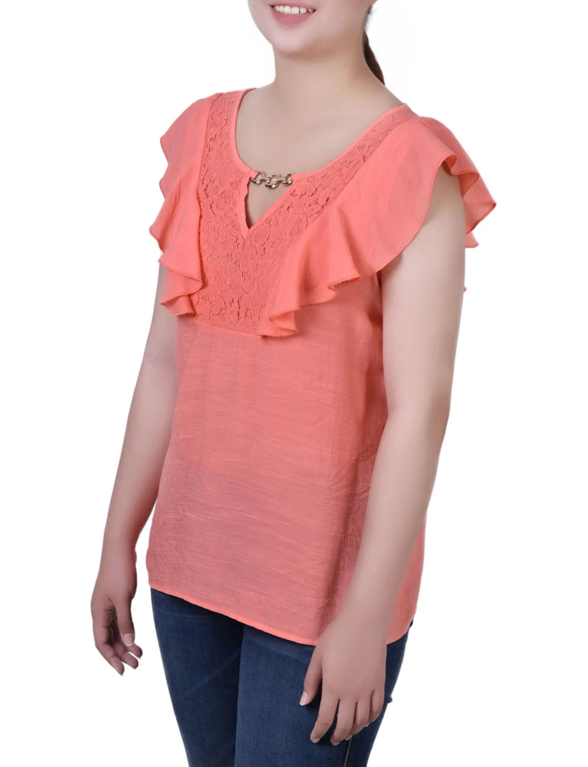 Petite Sleeveless Flutter Yoke Blouse