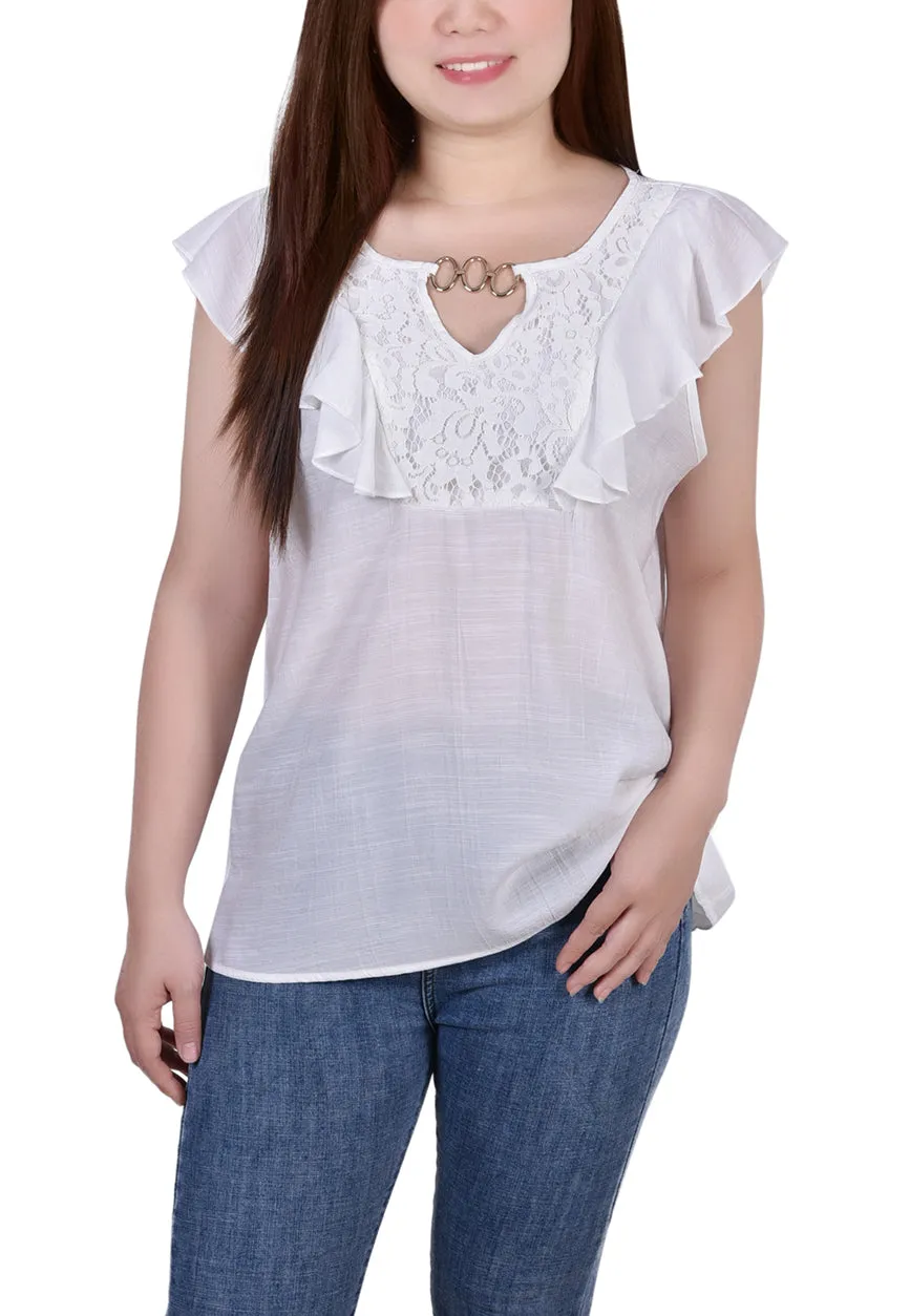 Petite Sleeveless Flutter Yoke Blouse