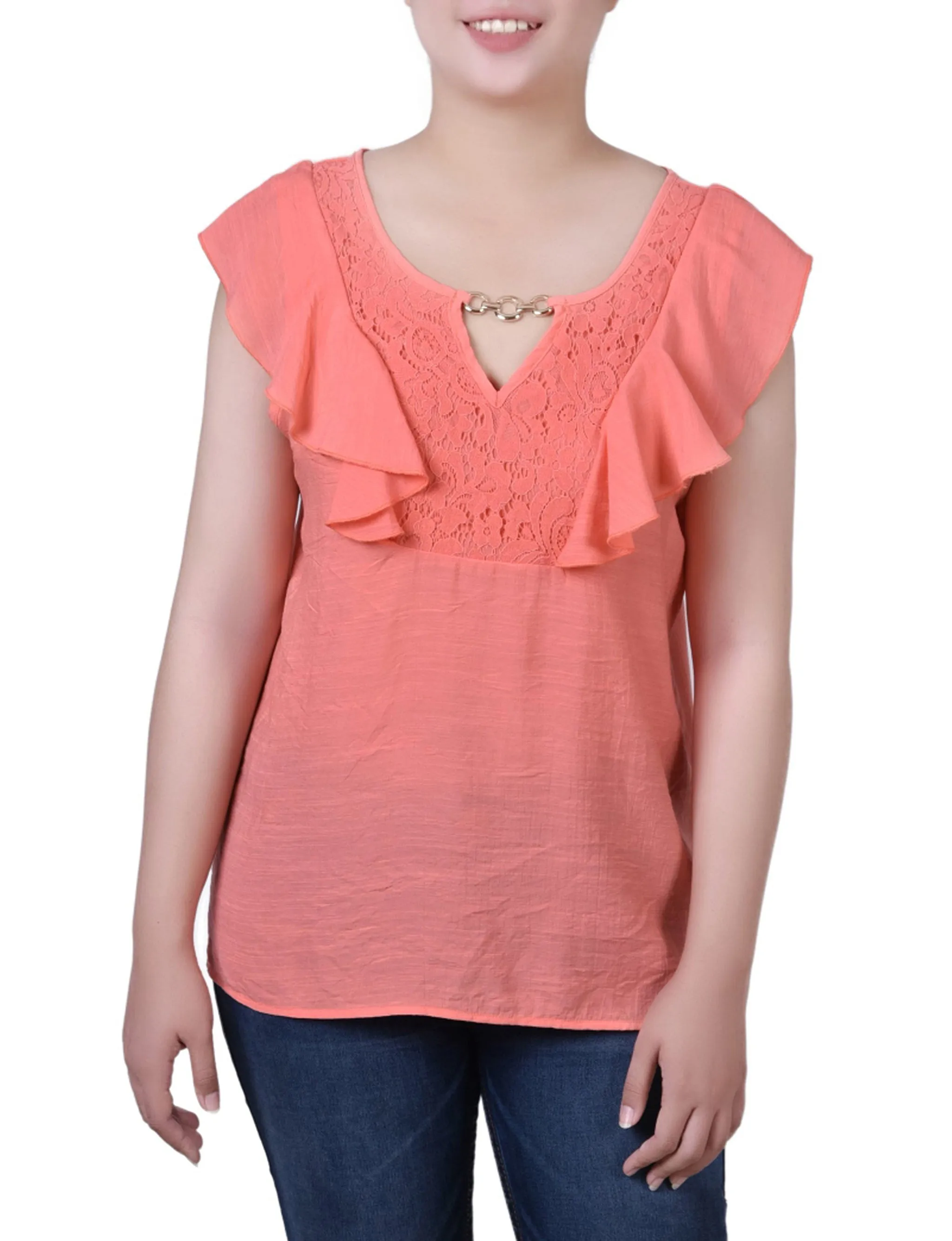 Petite Sleeveless Flutter Yoke Blouse