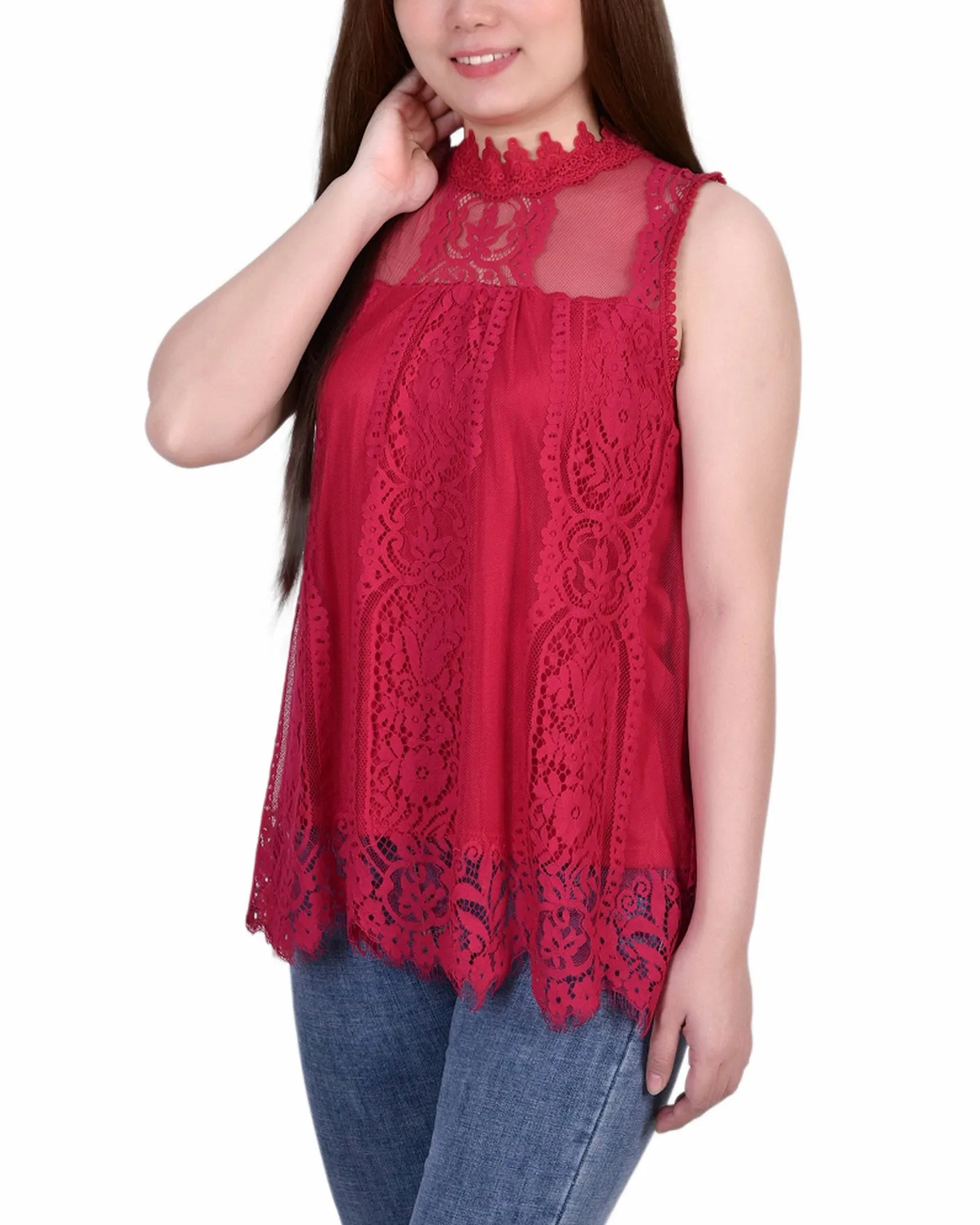 Petite Sleeveless Mock Neck Lace Top