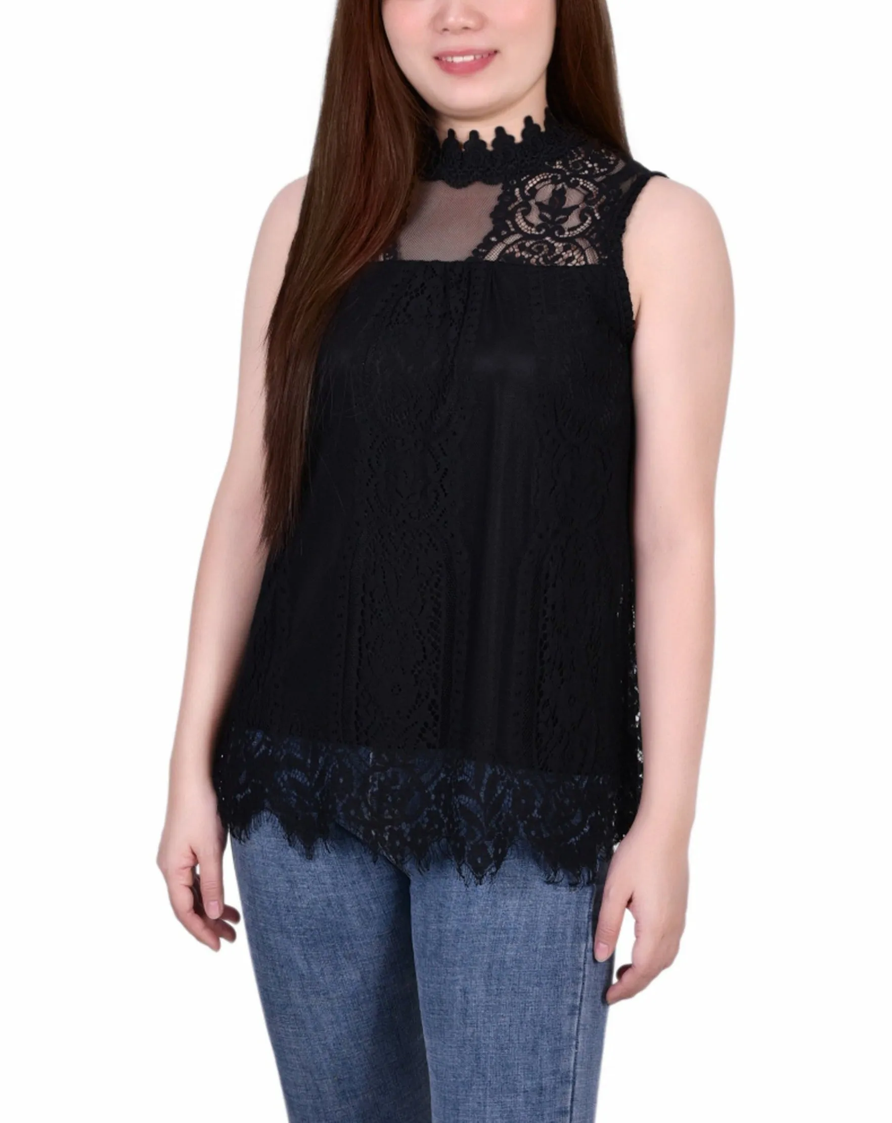 Petite Sleeveless Mock Neck Lace Top