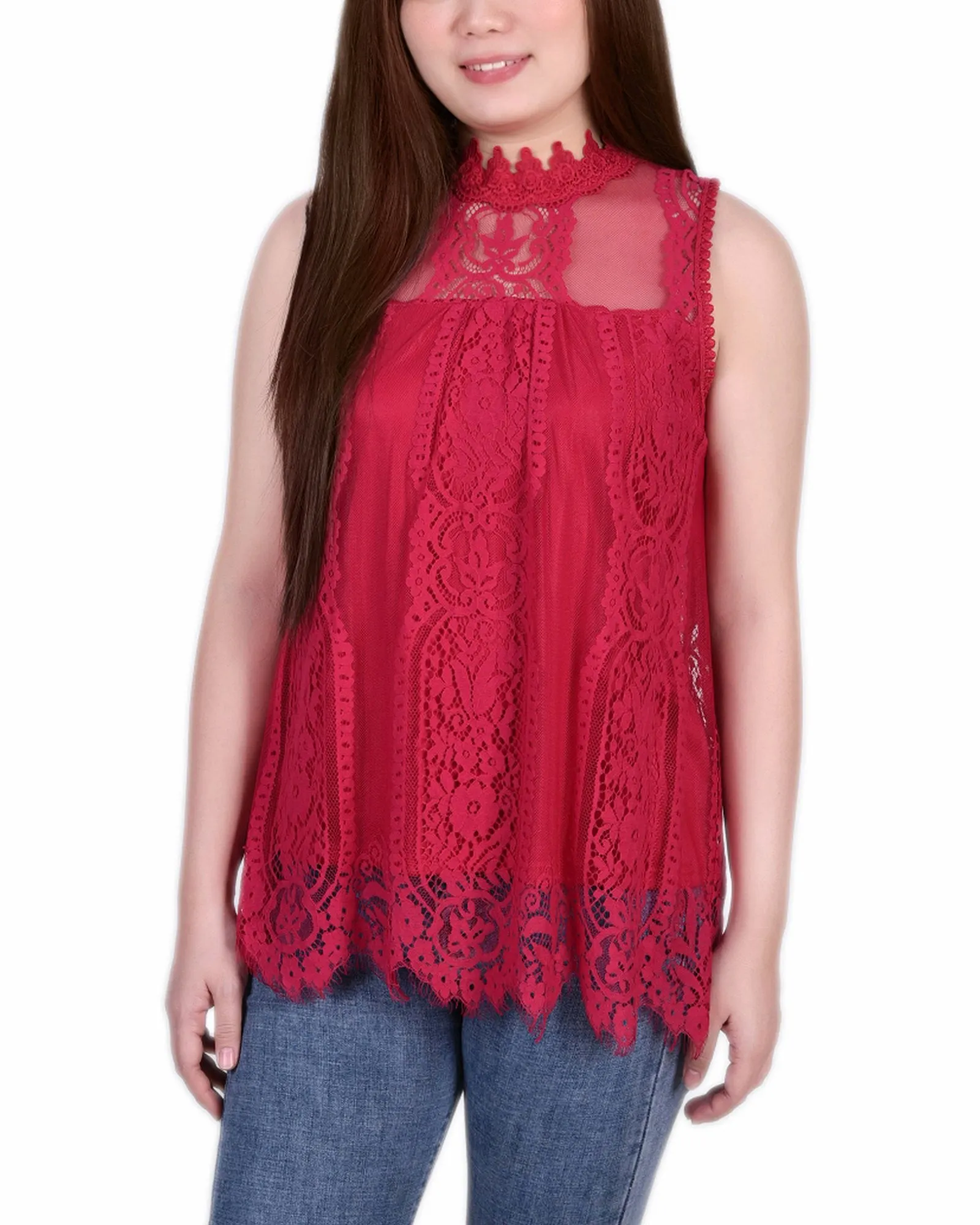 Petite Sleeveless Mock Neck Lace Top
