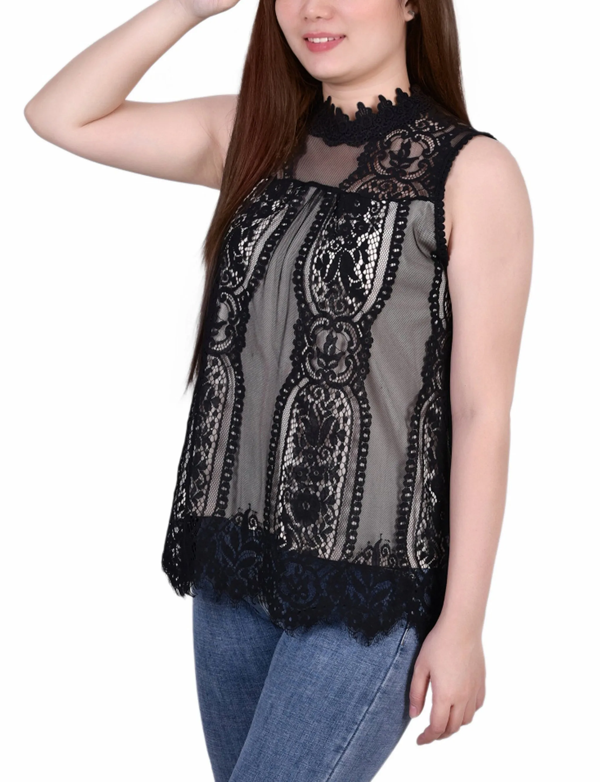 Petite Sleeveless Mock Neck Lace Top
