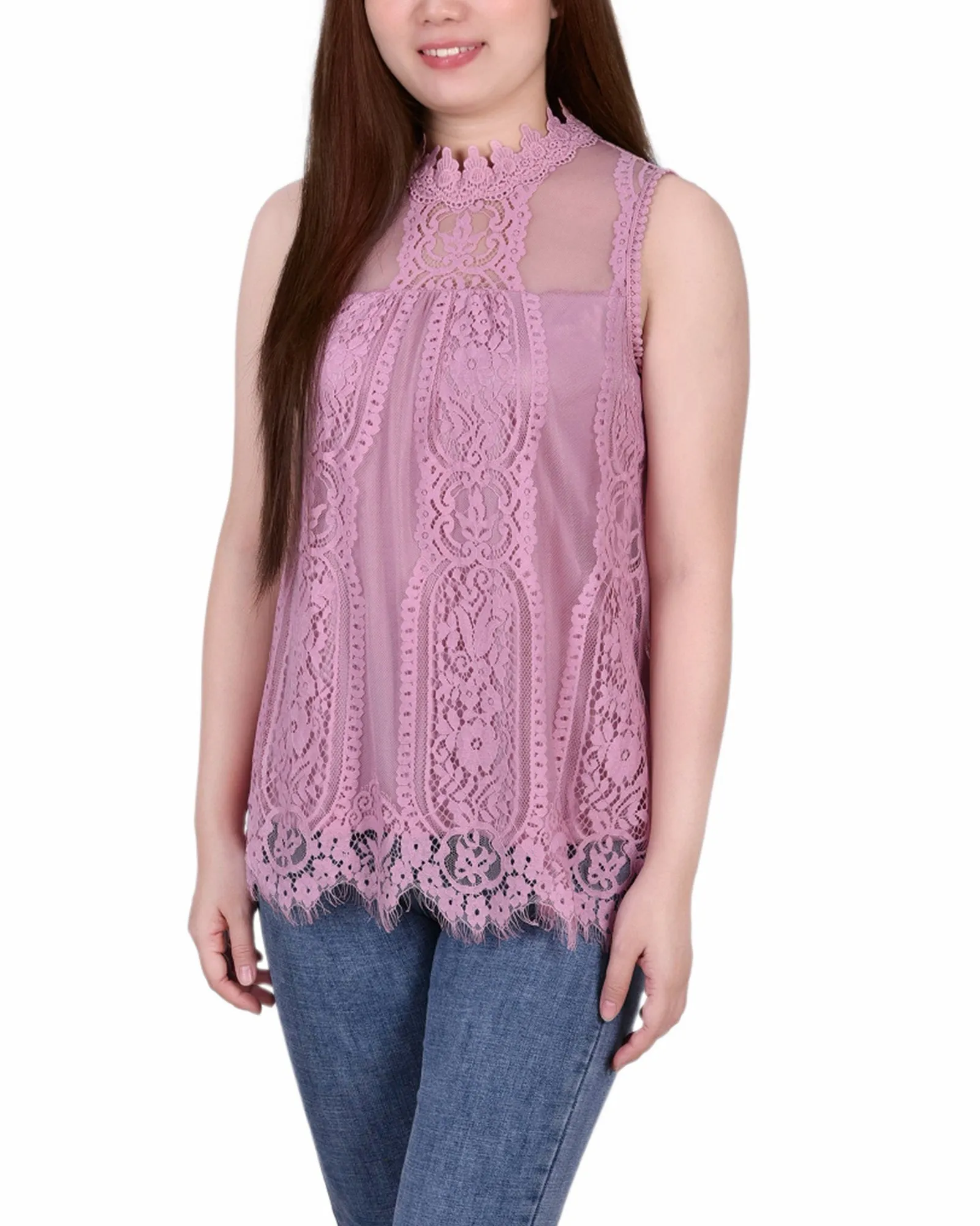 Petite Sleeveless Mock Neck Lace Top