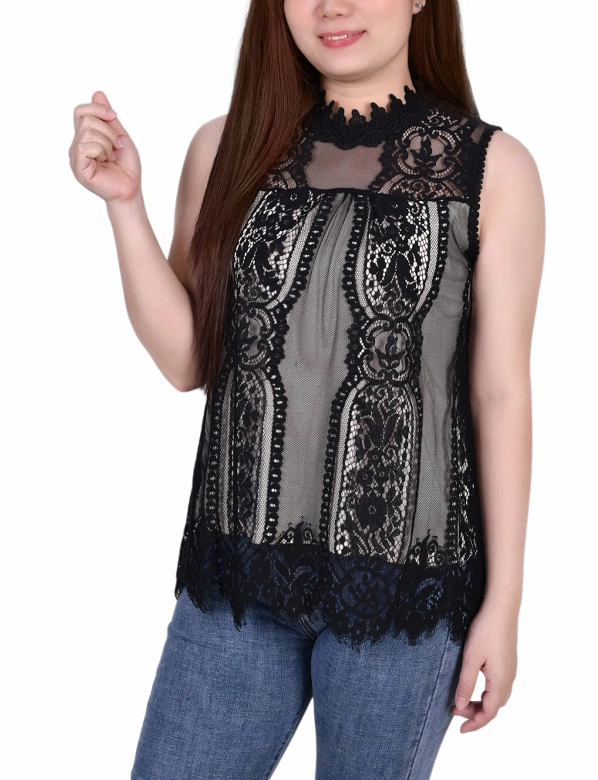 Petite Sleeveless Mock Neck Lace Top