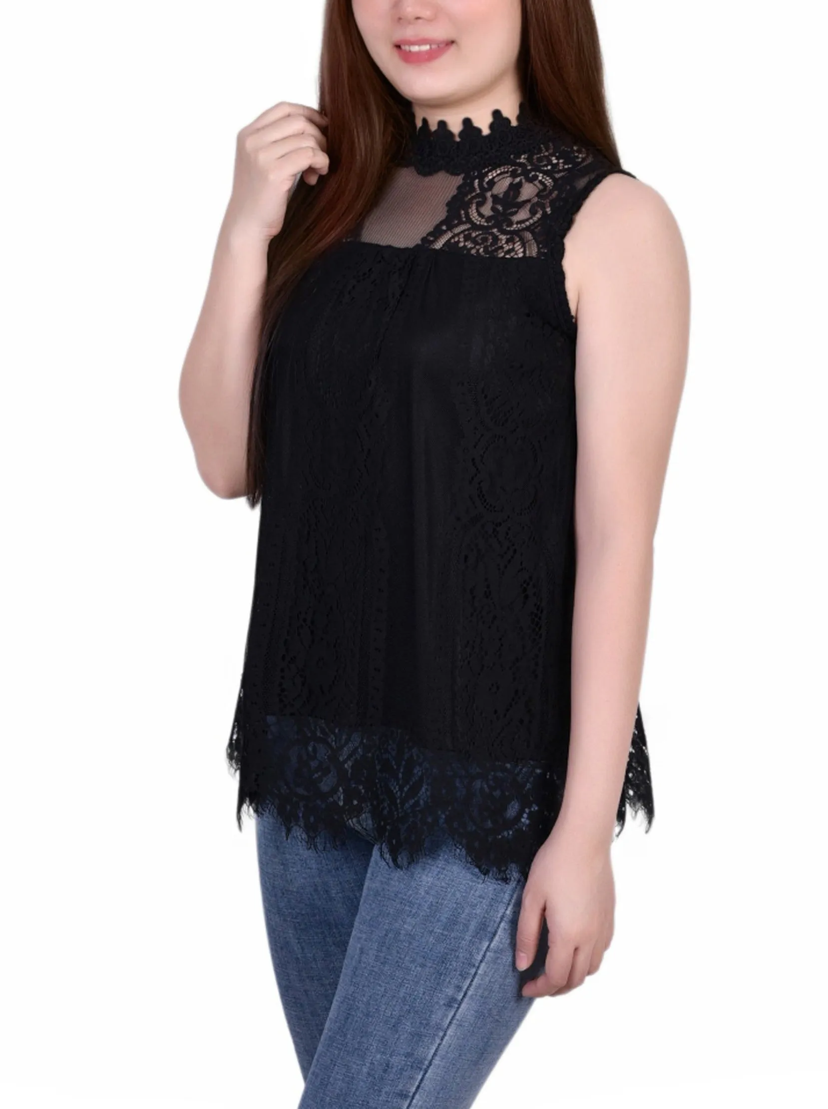 Petite Sleeveless Mock Neck Lace Top