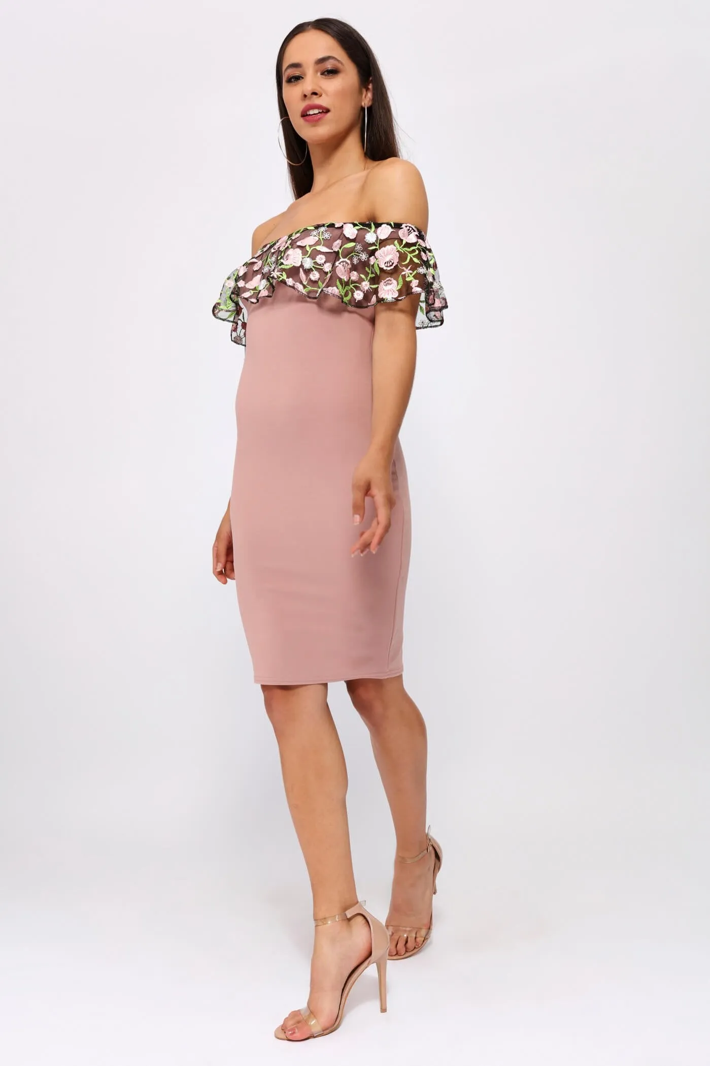 Pink Off The Shoulder Frill Dress