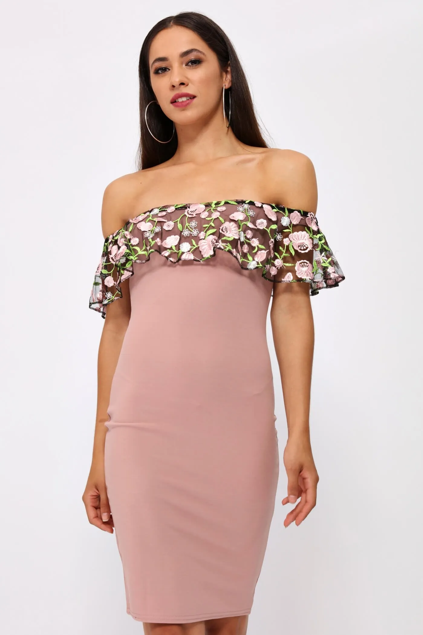 Pink Off The Shoulder Frill Dress