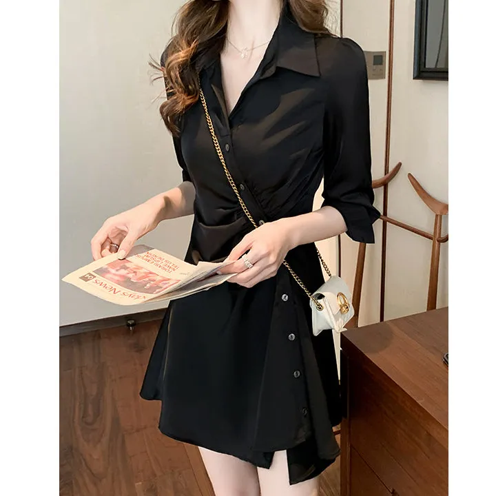 Pleated Diagonal Button Slim Waist Shirt Dress