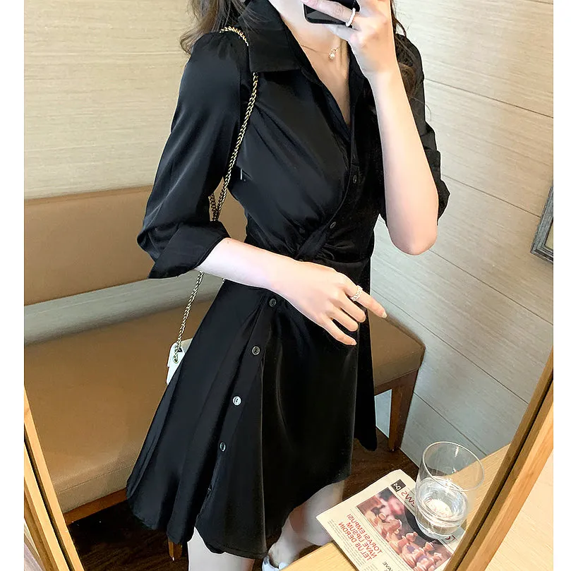 Pleated Diagonal Button Slim Waist Shirt Dress