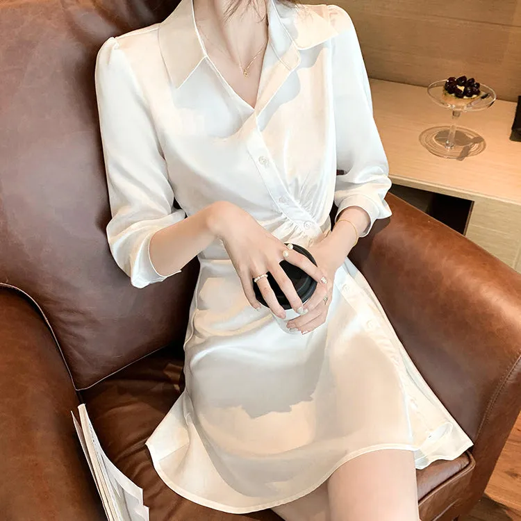 Pleated Diagonal Button Slim Waist Shirt Dress